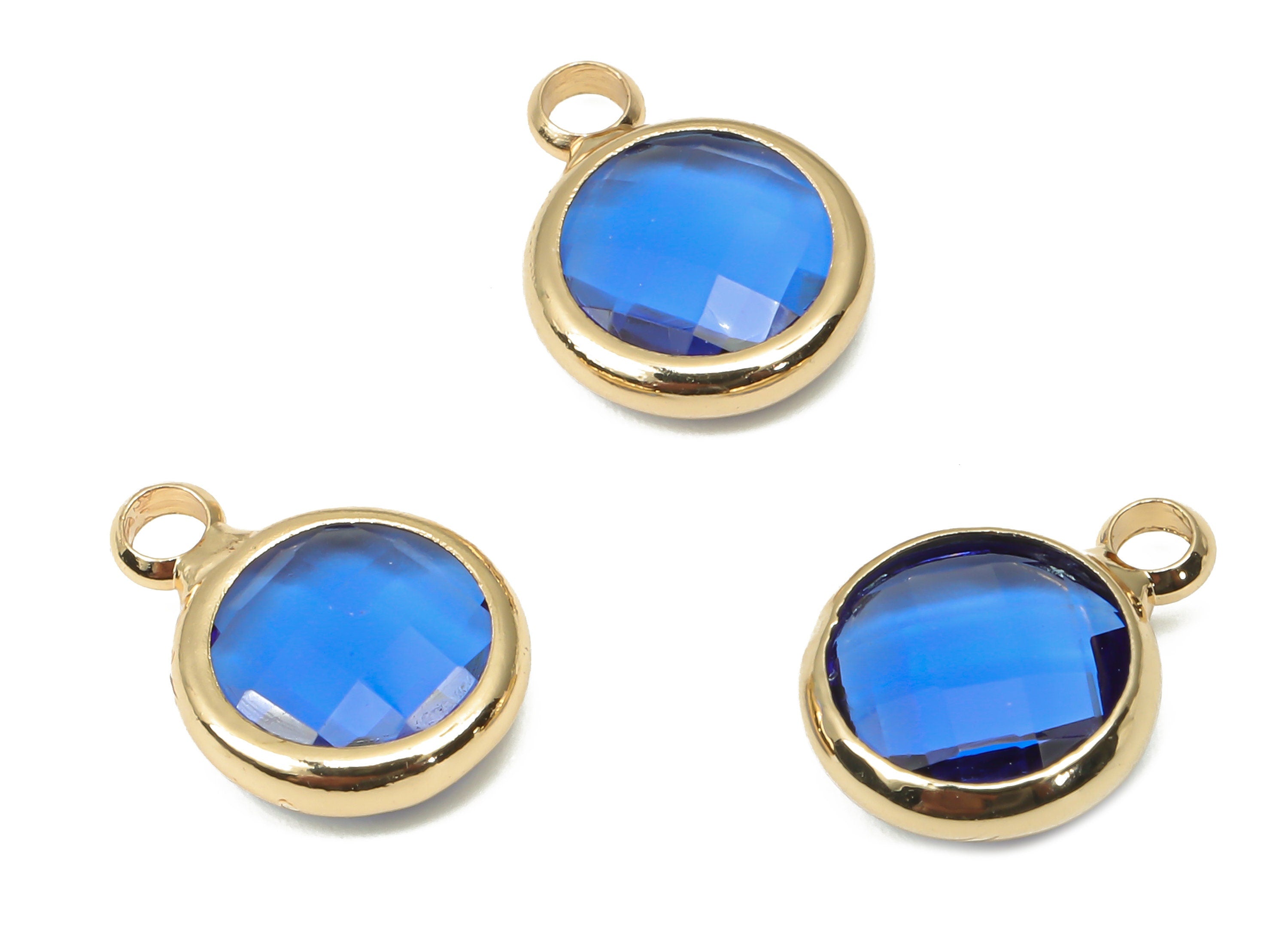 Brass Frame Glass Pendant - Round Frame Charm With Loop - Gold Tone Plating Earring - Faceted Clear Blue Glass - 11.5x8.7x3mm - GS1142D - DOMEDBAZAAR
