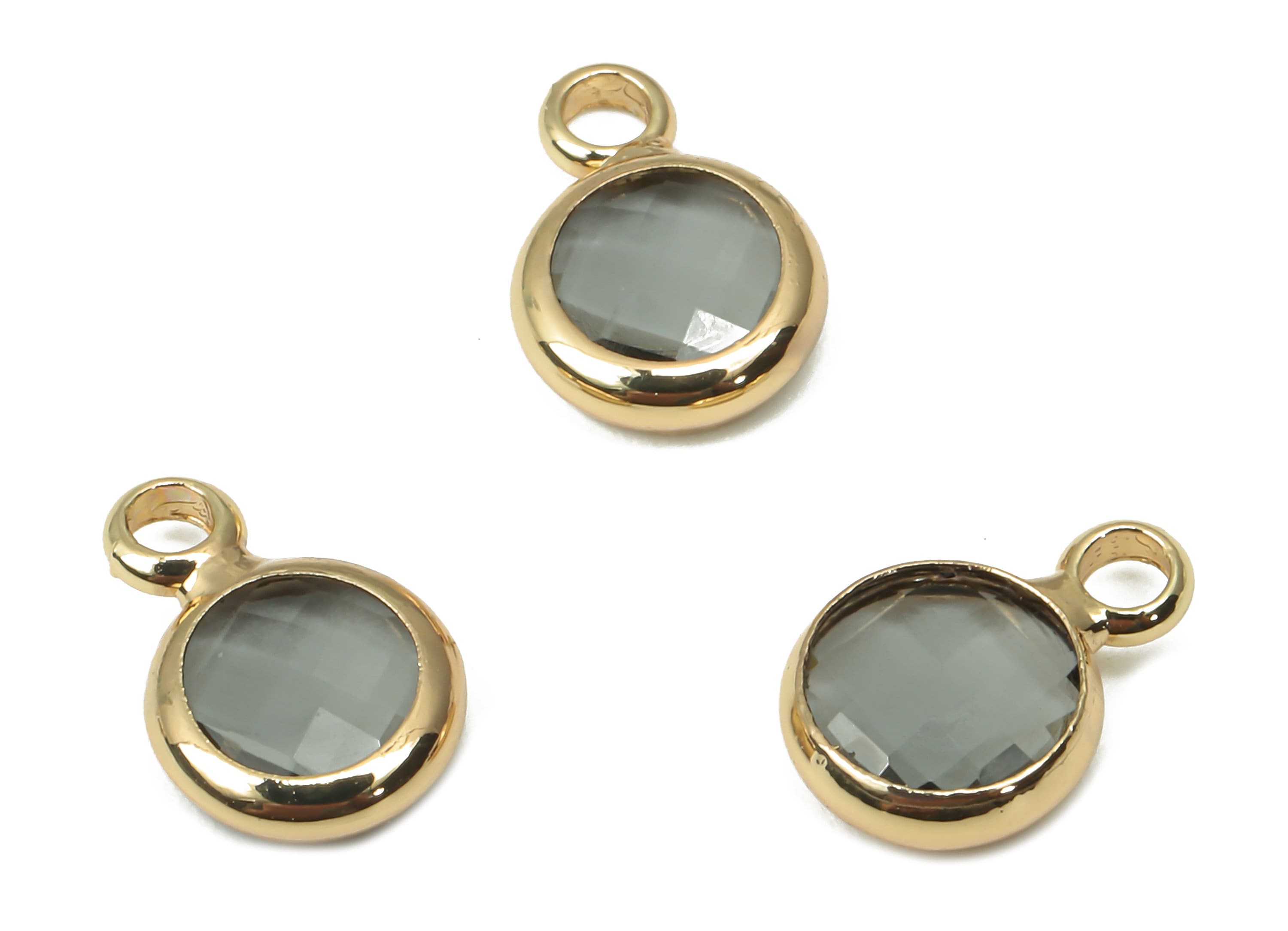 Brass Frame Glass Pendant - Mini Round Frame Charm With Loop - Gold Tone Plating Earring - Faceted Clear Gray Glass - 9.6x6.5x2.6mm -GS1143D - DOMEDBAZAAR