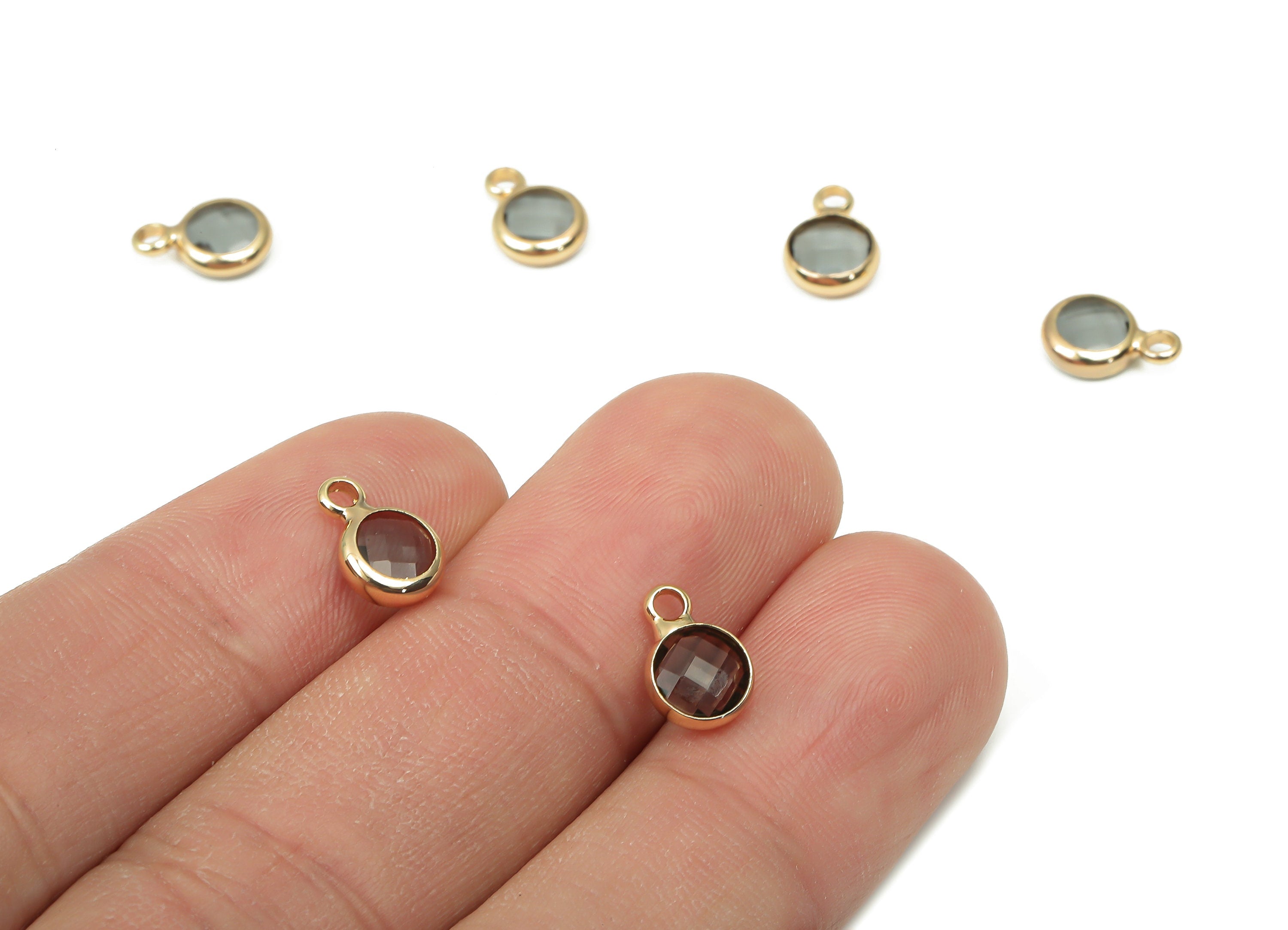 Brass Frame Glass Pendant - Mini Round Frame Charm With Loop - Gold Tone Plating Earring - Faceted Clear Gray Glass - 9.6x6.5x2.6mm -GS1143D - DOMEDBAZAAR