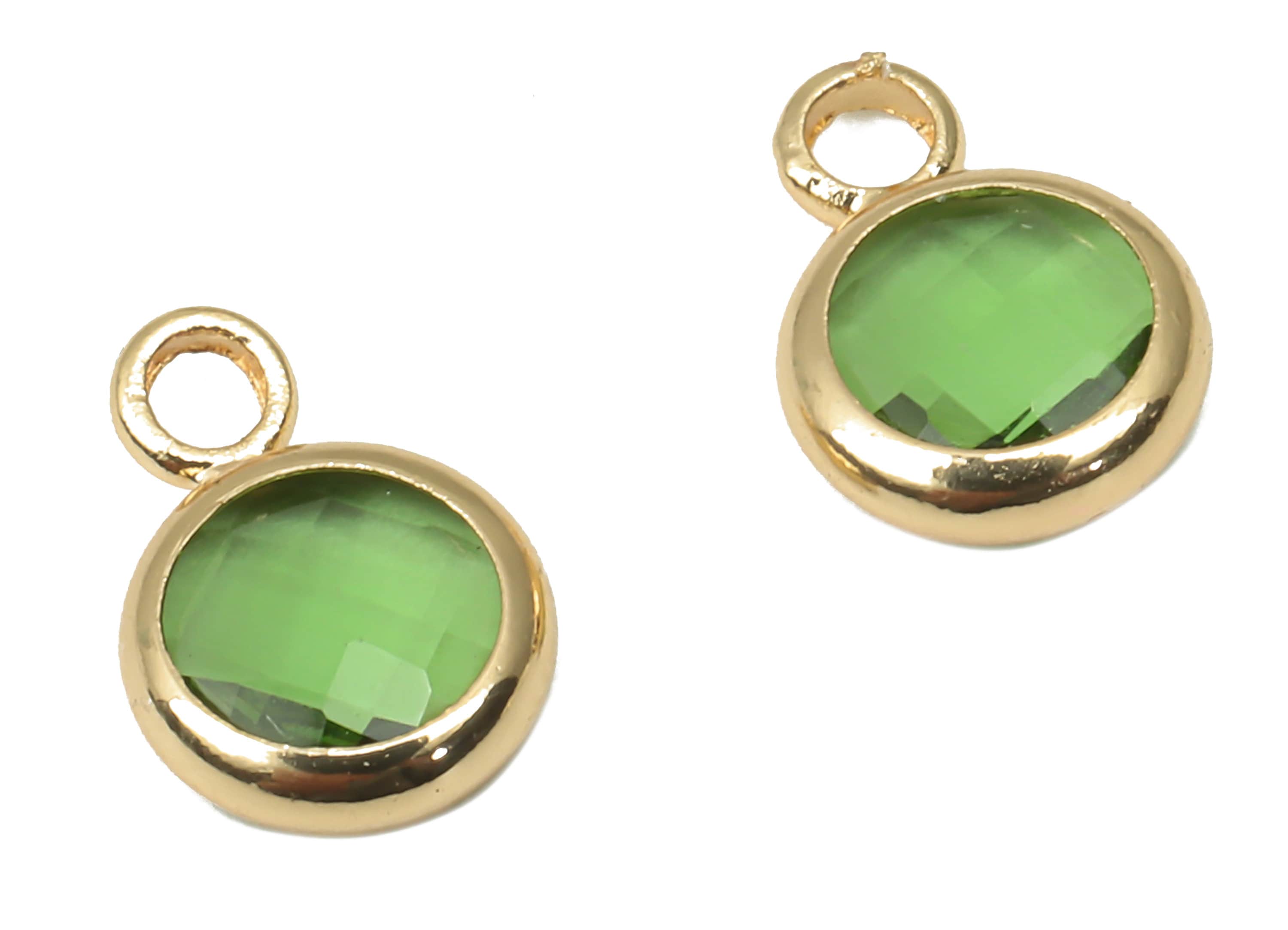 Brass Frame Glass Pendant - Mini Round Frame Charm With Loop - Gold Tone Plating - Faceted Clear Green Glass - 9.6x6.5x2.6mm - GS1143F - DOMEDBAZAAR