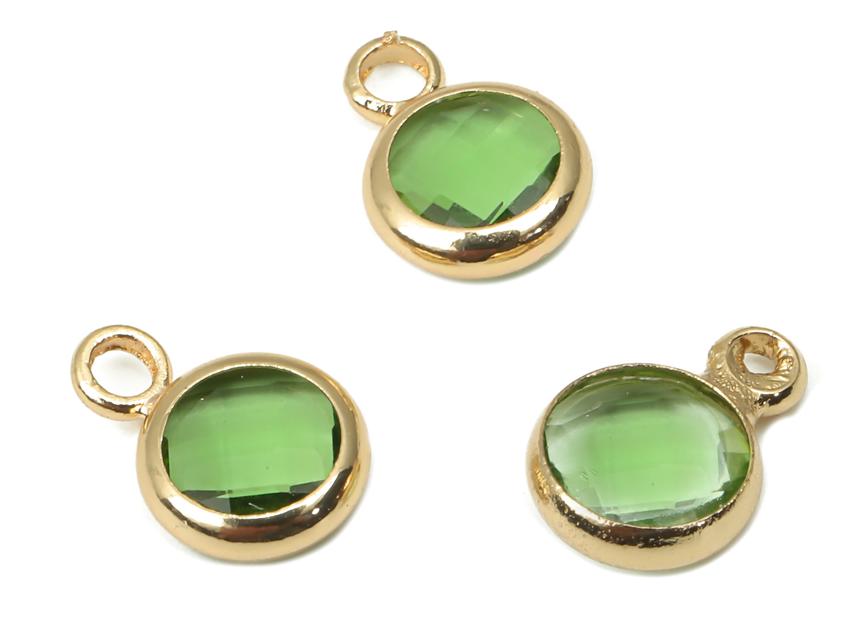 Brass Frame Glass Pendant - Mini Round Frame Charm With Loop - Gold Tone Plating - Faceted Clear Green Glass - 9.6x6.5x2.6mm - GS1143F - DOMEDBAZAAR