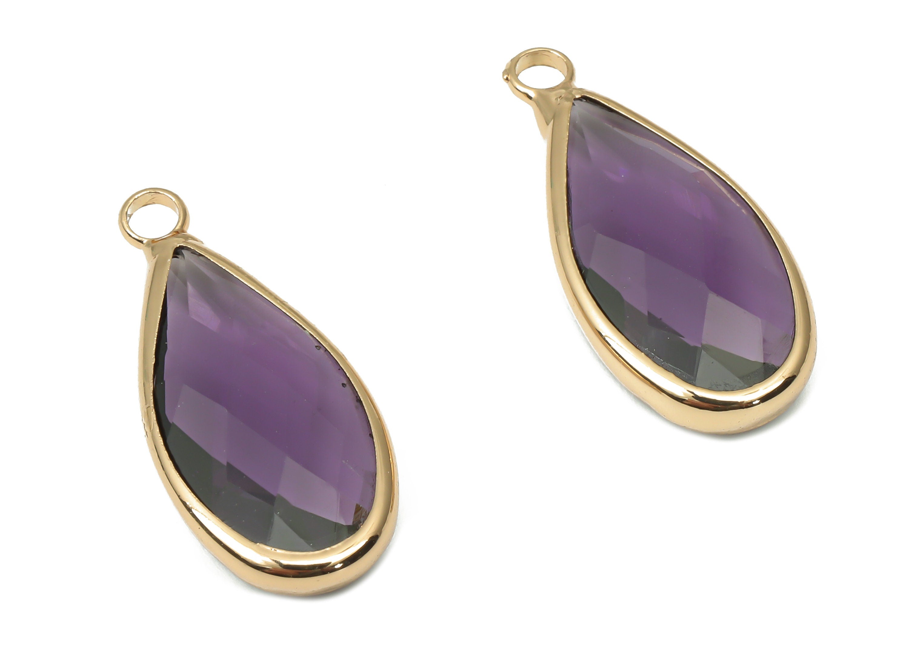 Brass Frame Teardrop Glass Pendant - Drop Charm With Loop - Gold Tone Plating Earring -Faceted Clear Purple Glass -24.1x10.7x4.5mm-GS1144A - DOMEDBAZAAR