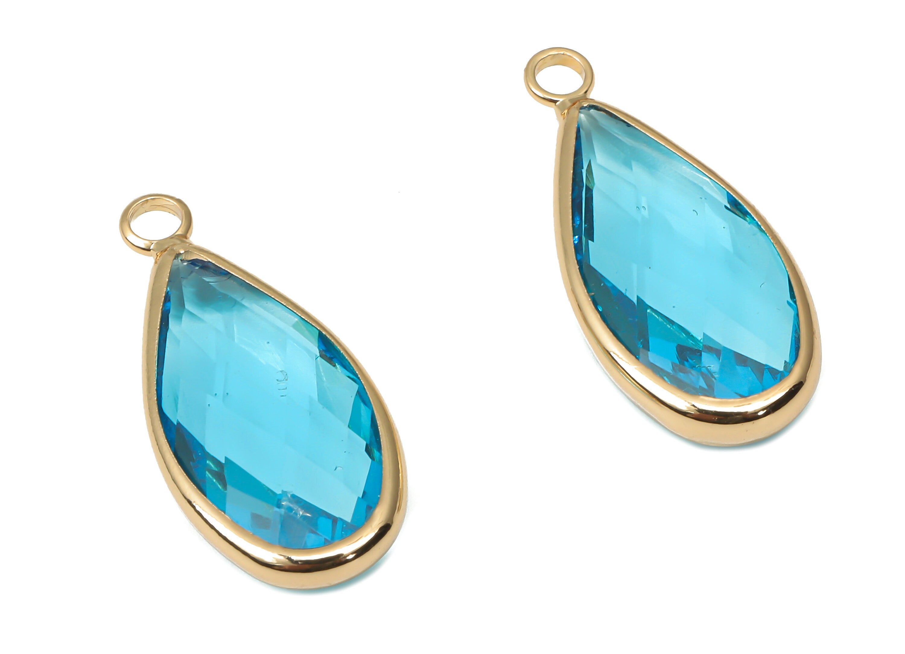 Brass Frame Teardrop Glass Pendant - Drop Charm With Loop - Gold Tone Plating Earring -Faceted Clear Blue Glass -24.1x10.7x4.5mm-GS1144B - DOMEDBAZAAR