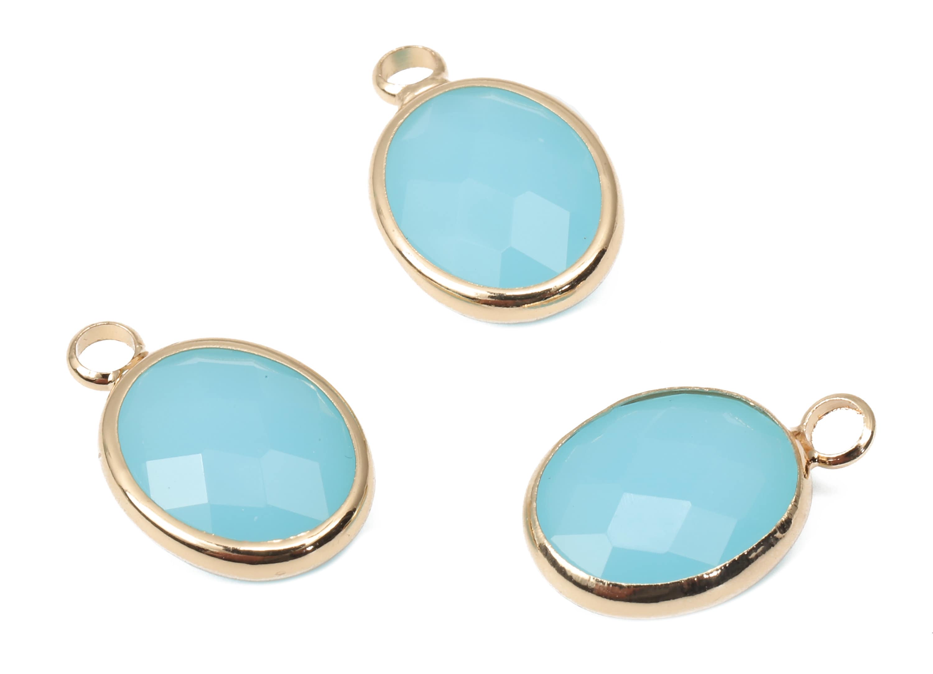 Brass Frame Oval Glass Pendant - Light Blue Necklace - Charm With Loop - Gold Tone Plating Earring - Faceted Glass - 16.1x10.6x4.4mm-GS1145C - DOMEDBAZAAR