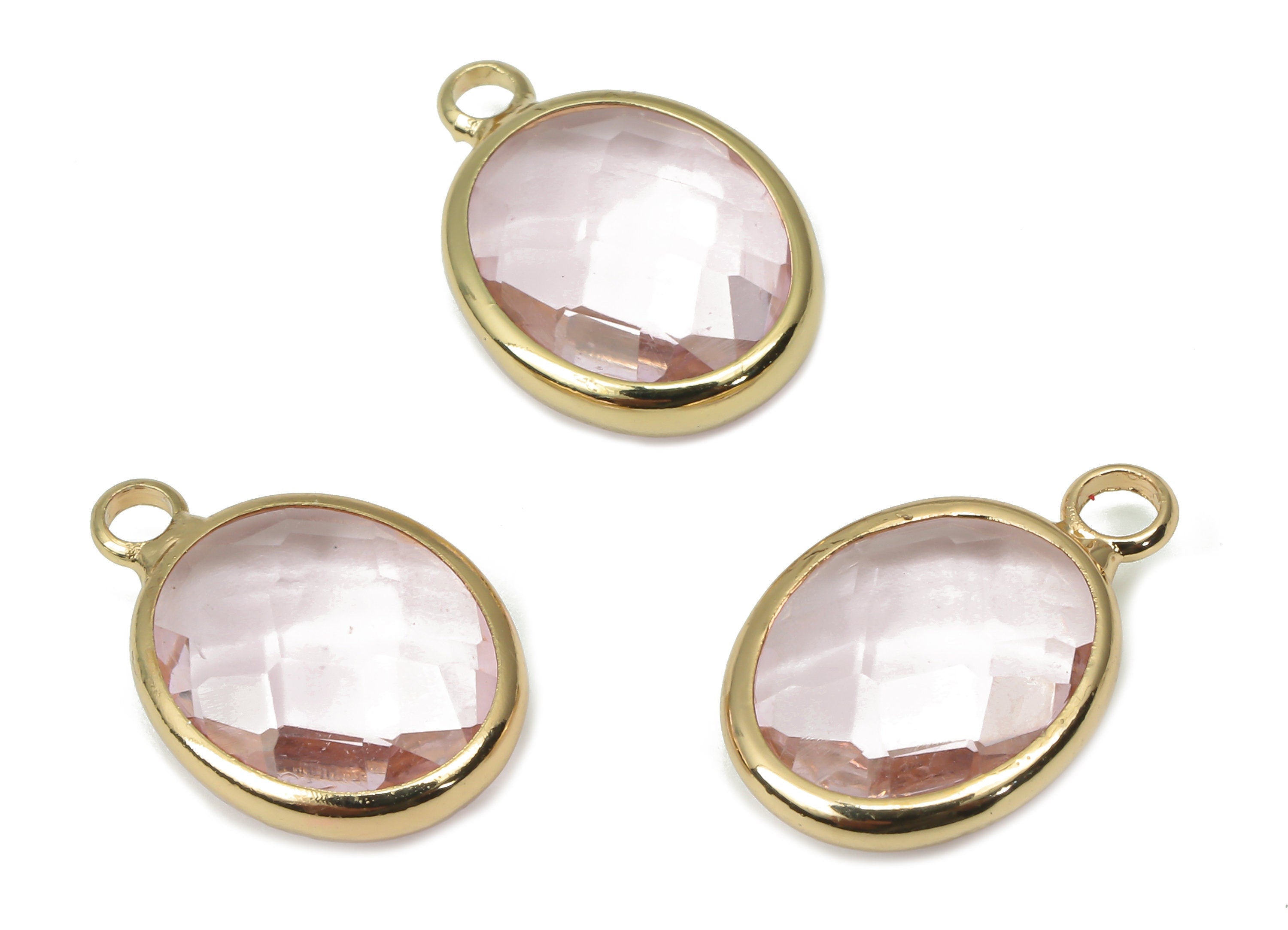 Brass Frame Oval Glass Pendant - Clear Pink Necklace - Charm With Loop - Gold Tone Plating Earring - Faceted Glass - 16.1x10.6x4.4mm-GS1145F - DOMEDBAZAAR