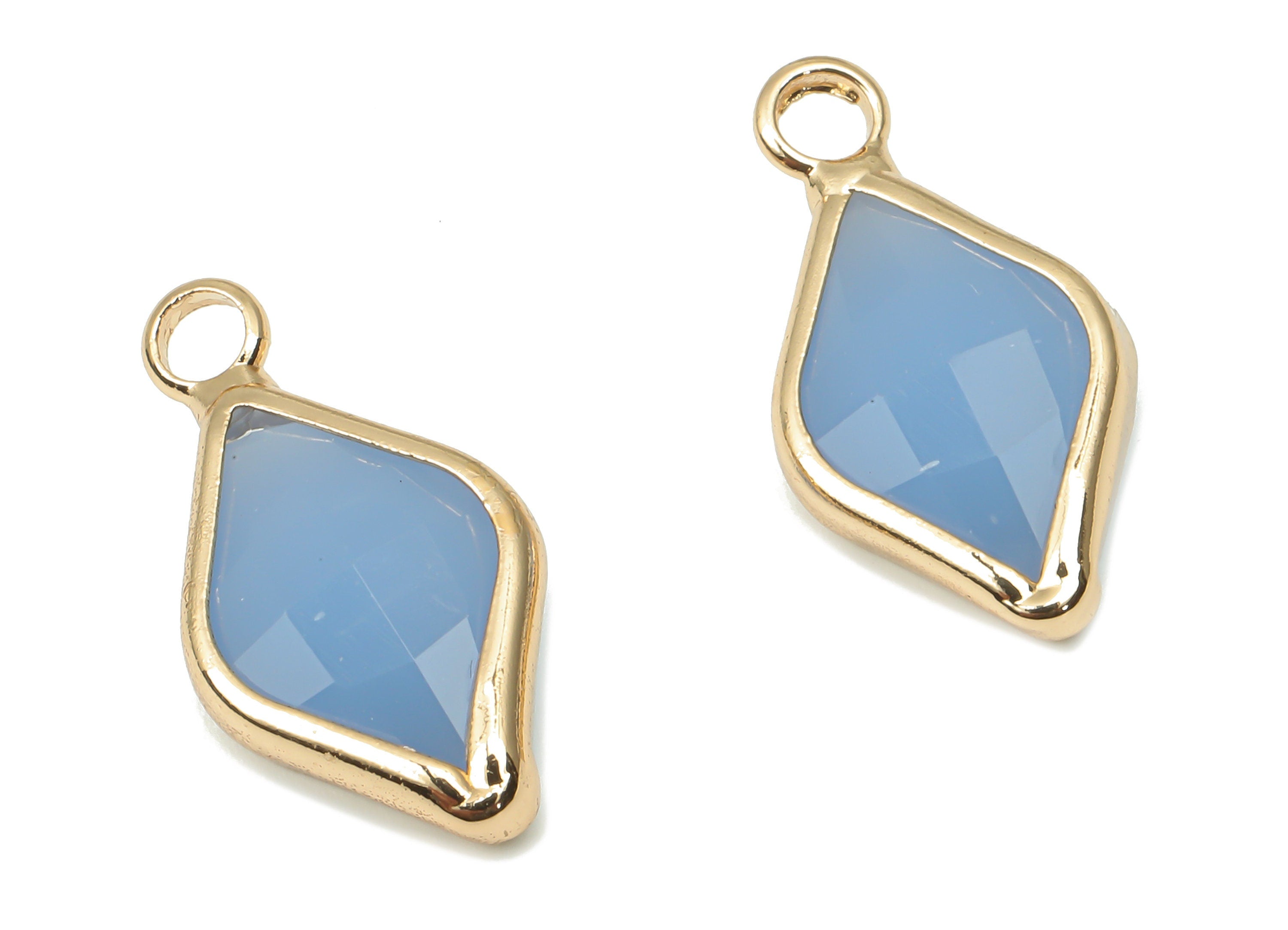 Brass Frame Glass Diamond Pendant - Light Blue Rhombic Earring With Loop - Gold Tone Plating - Faceted Glass Leaf Charm-17.8x10x5mm -GS1146C - DOMEDBAZAAR
