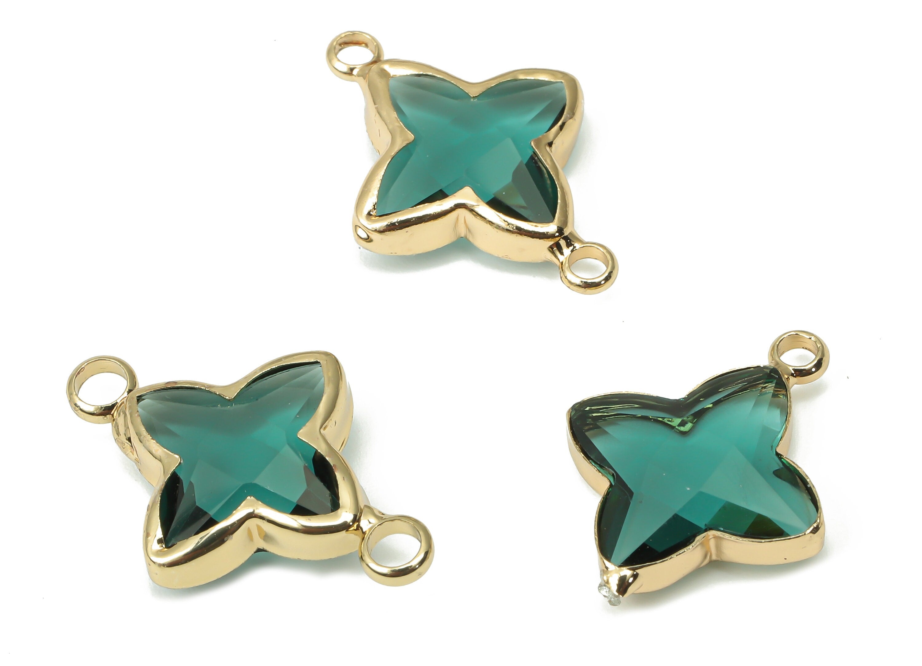 Brass Frame Glass North Star Connector - Four-Pointed Star Bracelet Charm - Gold Tone Plating-Faceted Clear Blue Glass-20x14.4x4.4mm-GS1147A - DOMEDBAZAAR