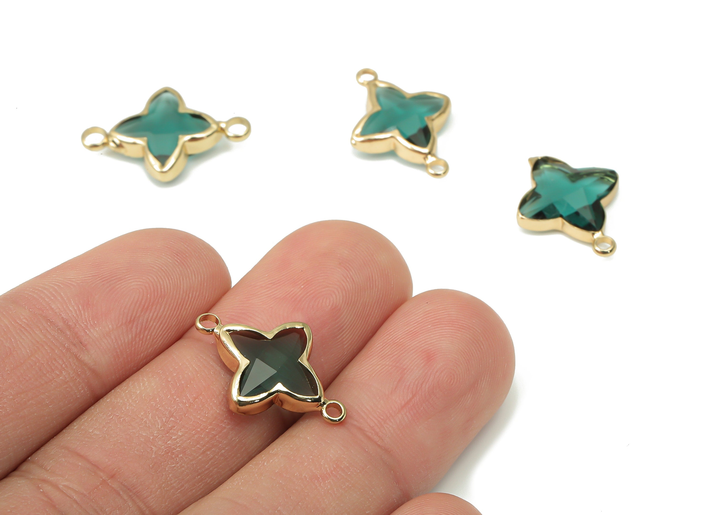 Brass Frame Glass North Star Connector - Four-Pointed Star Bracelet Charm - Gold Tone Plating-Faceted Clear Blue Glass-20x14.4x4.4mm-GS1147A - DOMEDBAZAAR