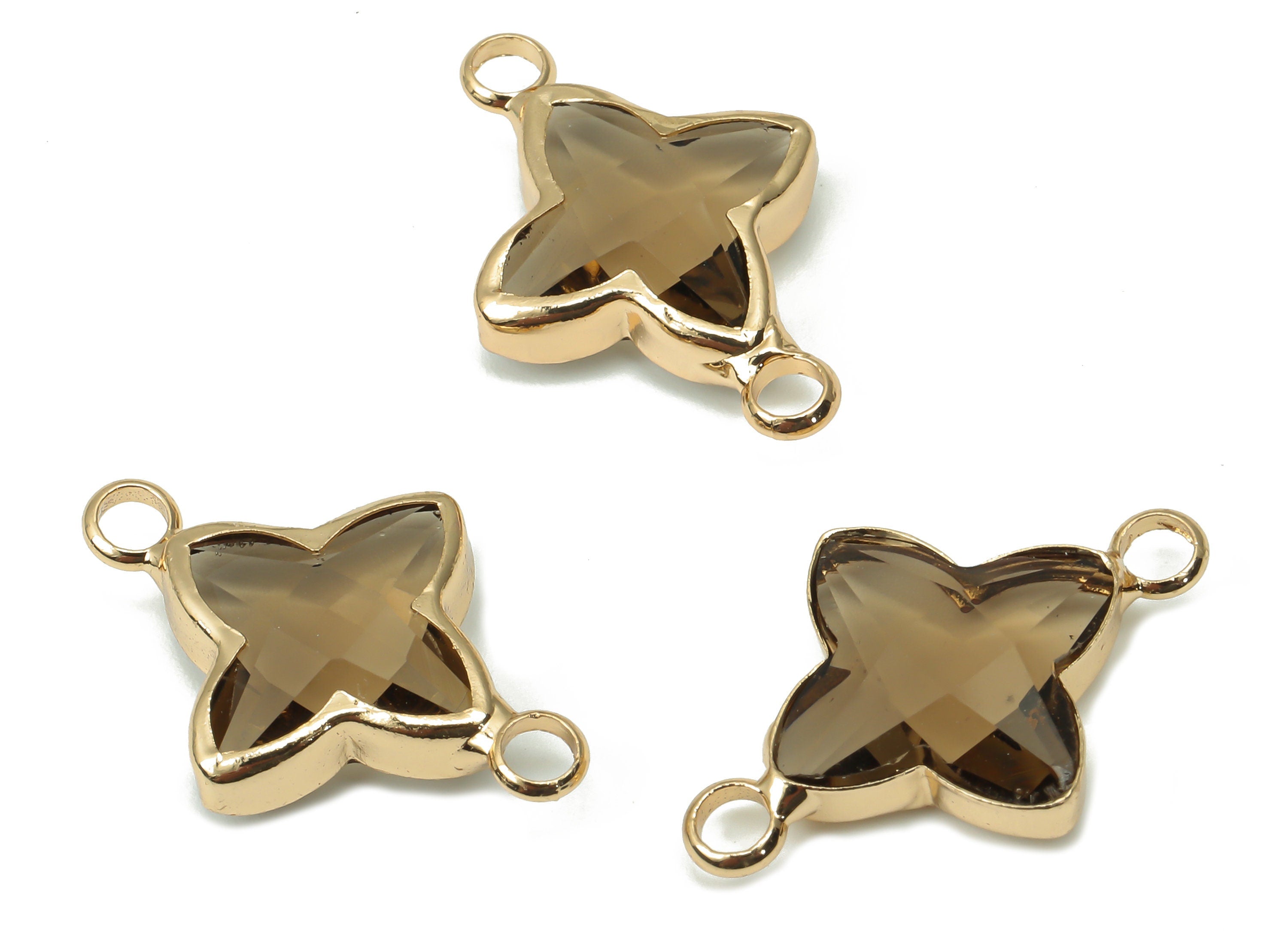Brass Frame Glass North Star Connector - Four-Pointed Star Bracelet Charm -Gold Tone Plating-Faceted Clear Black Glass-20x14.4x4.4mm-GS1147B - DOMEDBAZAAR