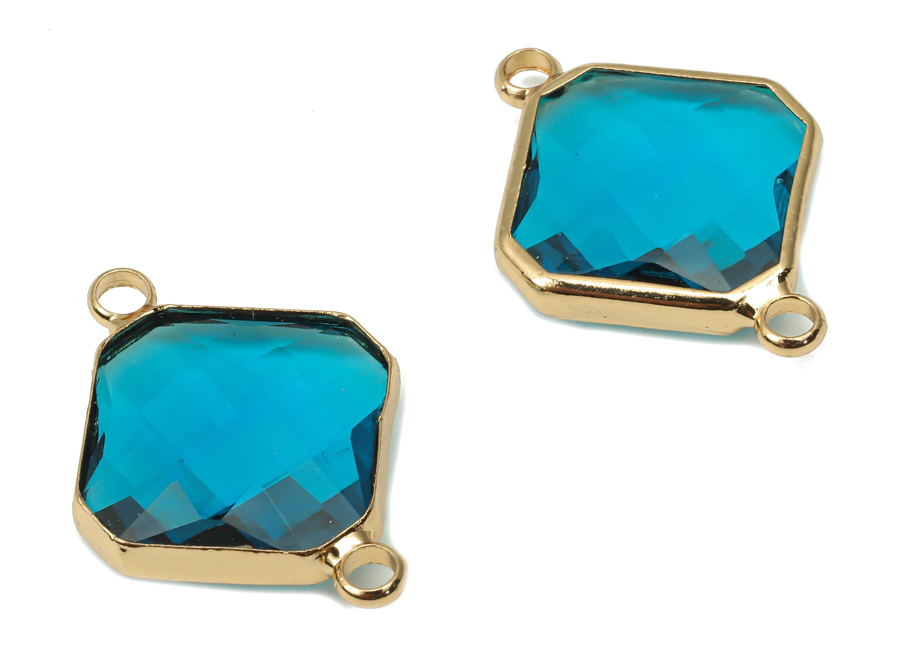 Brass Frame Glass Diamond Connectors - Rhombic Bracelet Charm - Gold Tone Plating - Faceted Clear Blue Glass - 23.9x17.1x5.1mm - GS1148B - DOMEDBAZAAR