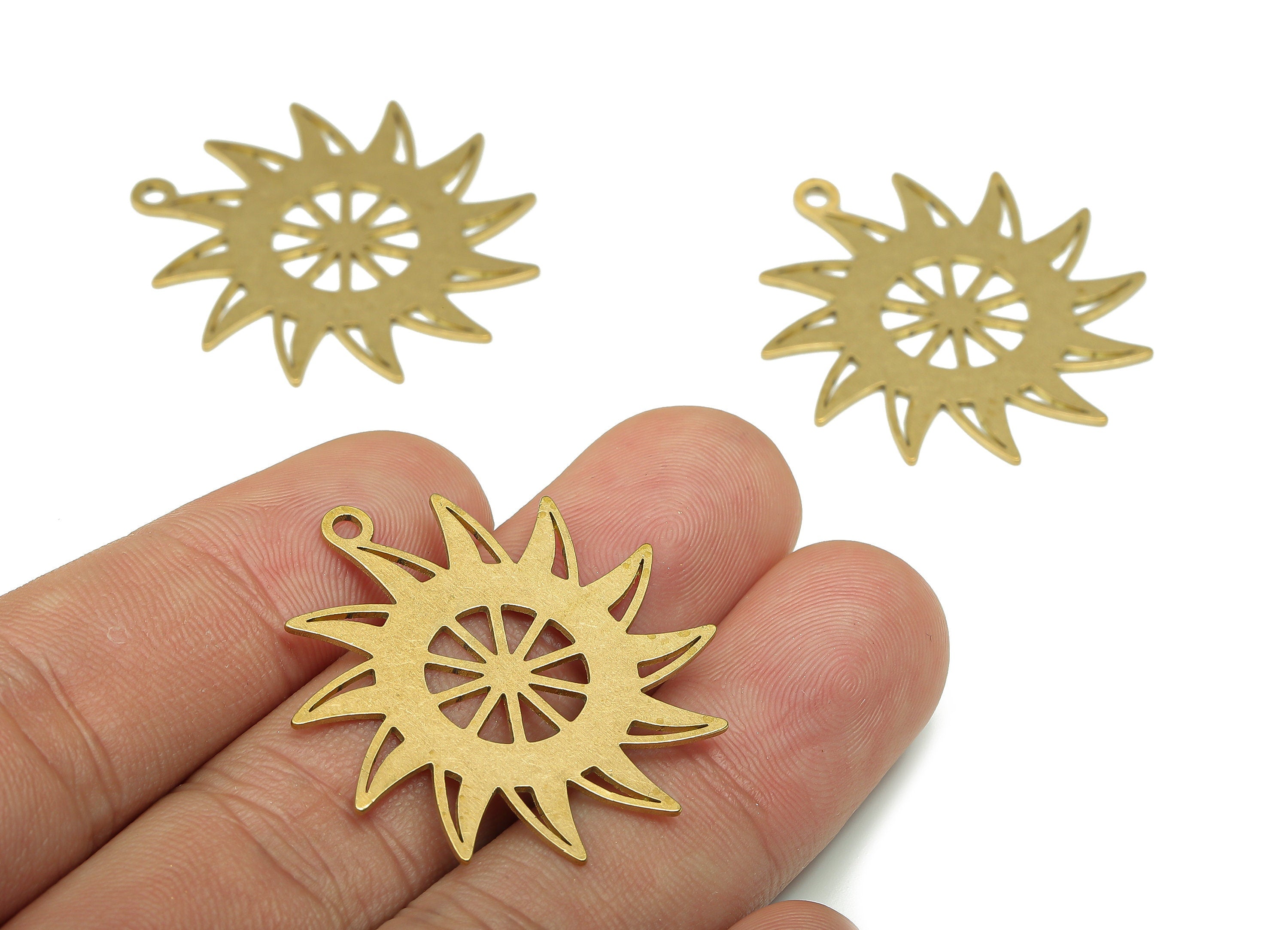 Brass Sun Cudder Charms - Raw Brass Windmill Cutout Earring - Circle Pendant With Loop - Round For Necklace - 34.81x32.57x0.73mm - PPA5475 - DOMEDBAZAAR