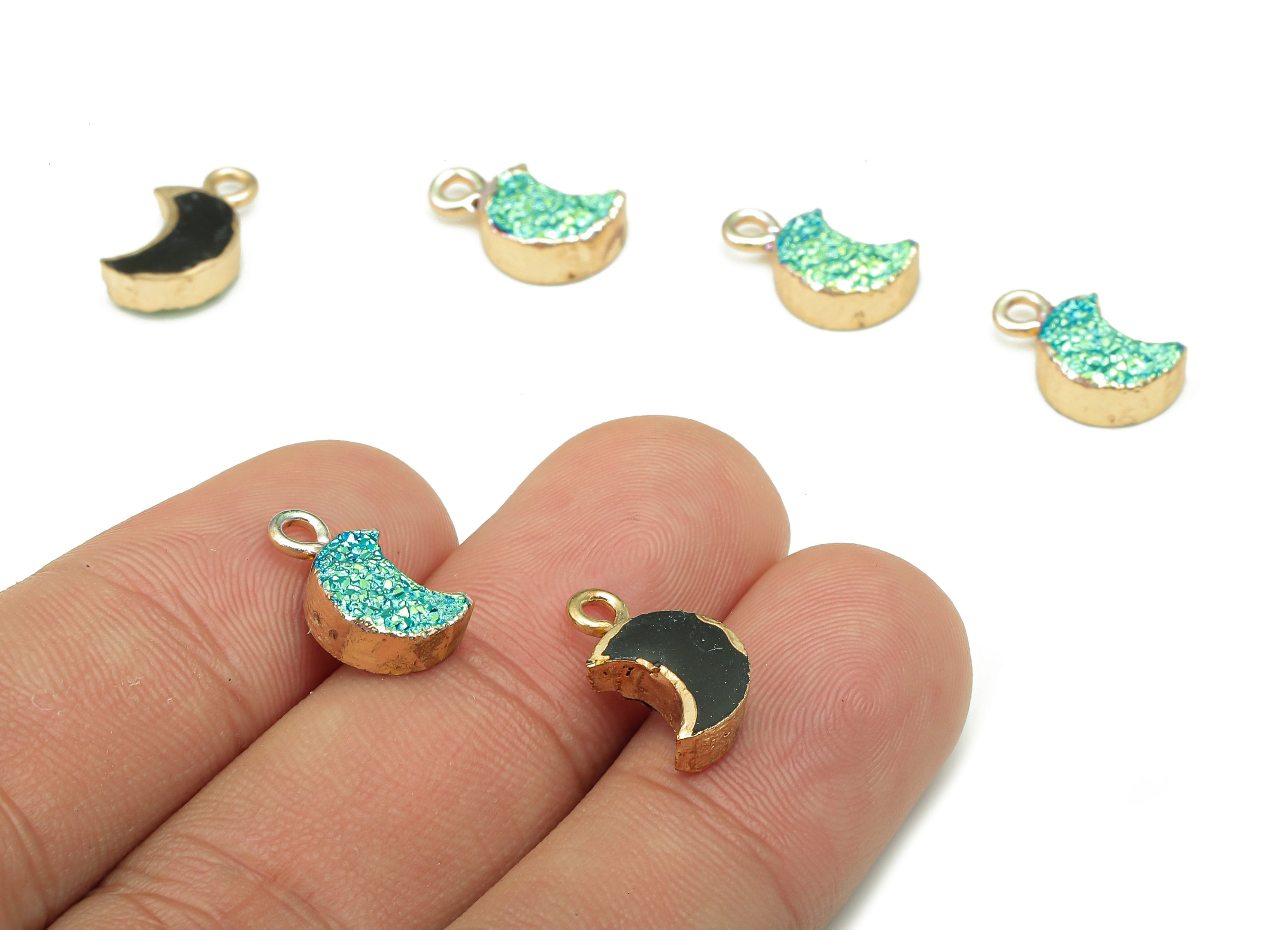 Druzy Crescent Earring Charms - Brass Blue Green Resin Earrings - Moon Pendant With Loop - Gold Tone Plating - 14.02x8.13x3.88mm - RC1213A - DOMEDBAZAAR