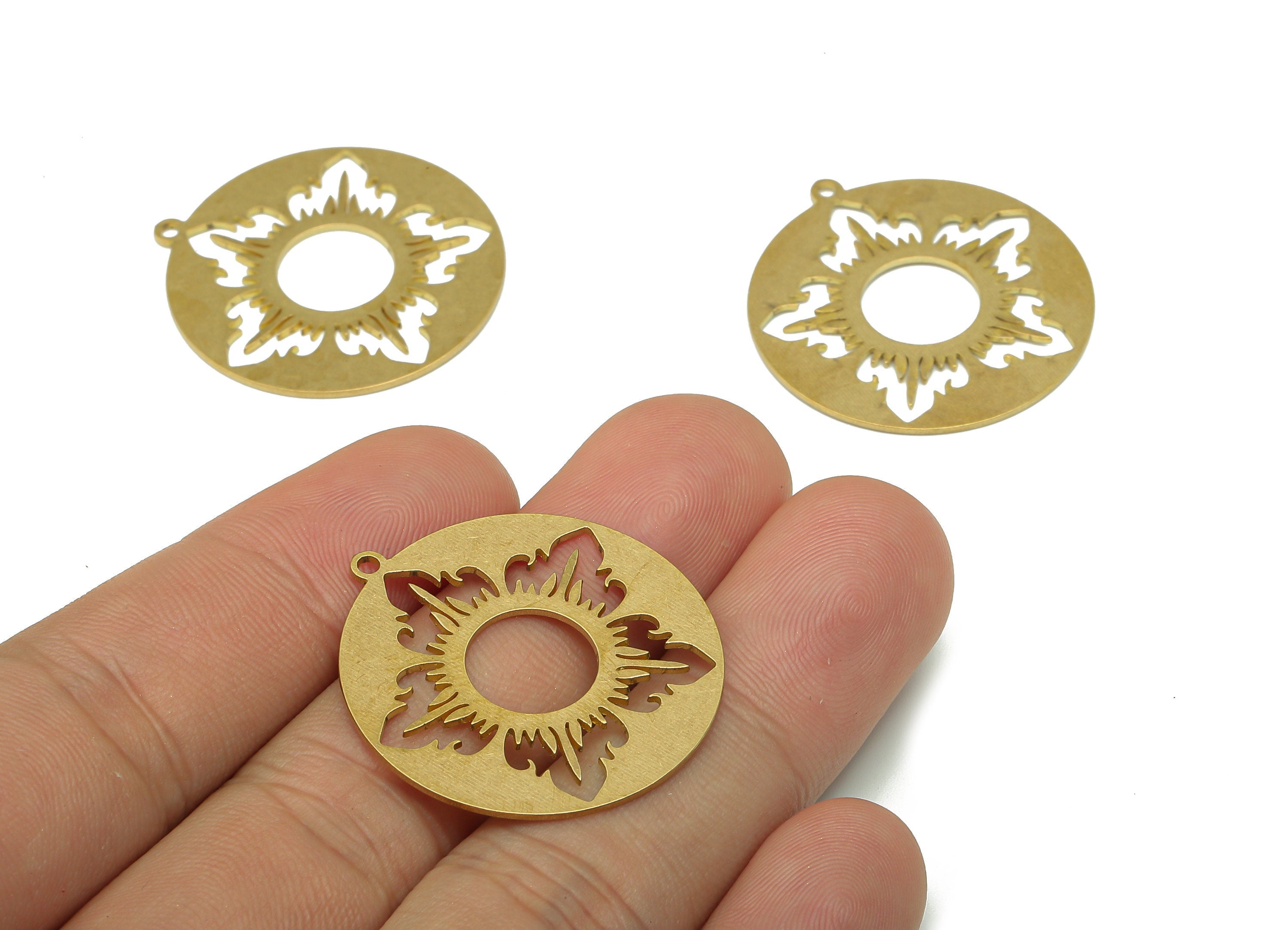 Brass Round Earring Charm - Raw Brass Cutout Earring - Circle Pendant With Loop - Flower Botanical For Necklace - 31.9x29.5x0.7mm - PPA5117 - DOMEDBAZAAR