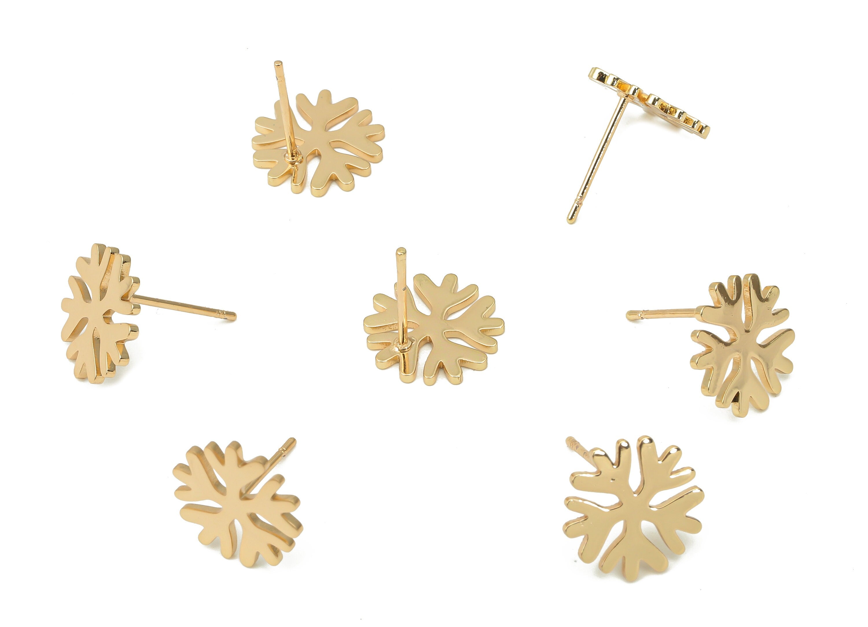 Steel Snowflake Earring Posts - Snowflake Earring Stud - 316 Surgical Stainless Steel Stud - KC Gold Tone Plated - 11.8x11.8x1.3mm - SS1372G - DOMEDBAZAAR