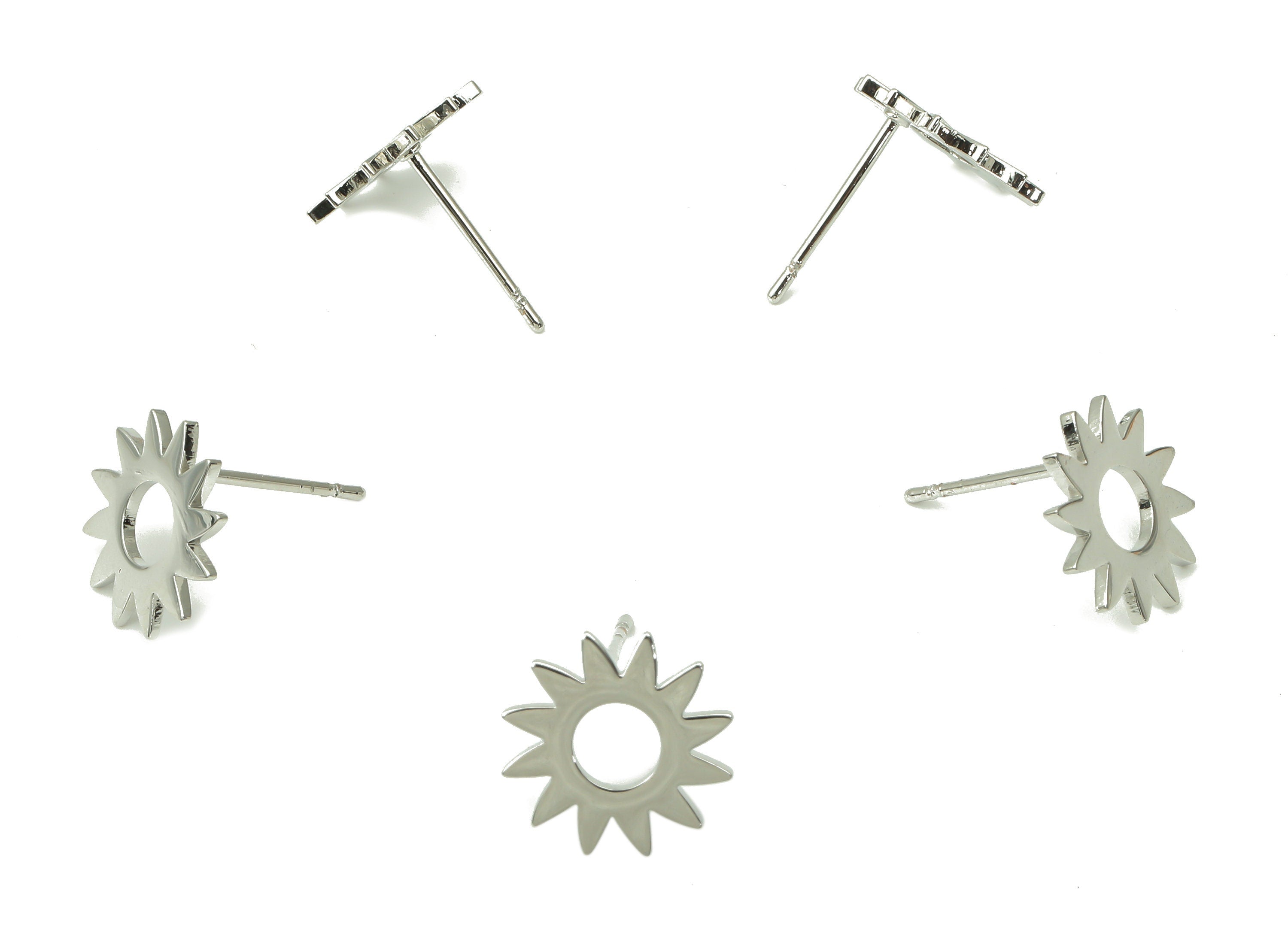 Steel Windmill Earring Posts - Gear Earring Stud - 316 Surgical Stainless Steel Stud - White Gold Tone Plated - 11.8x11.8x0.9mm - SS1374 - DOMEDBAZAAR
