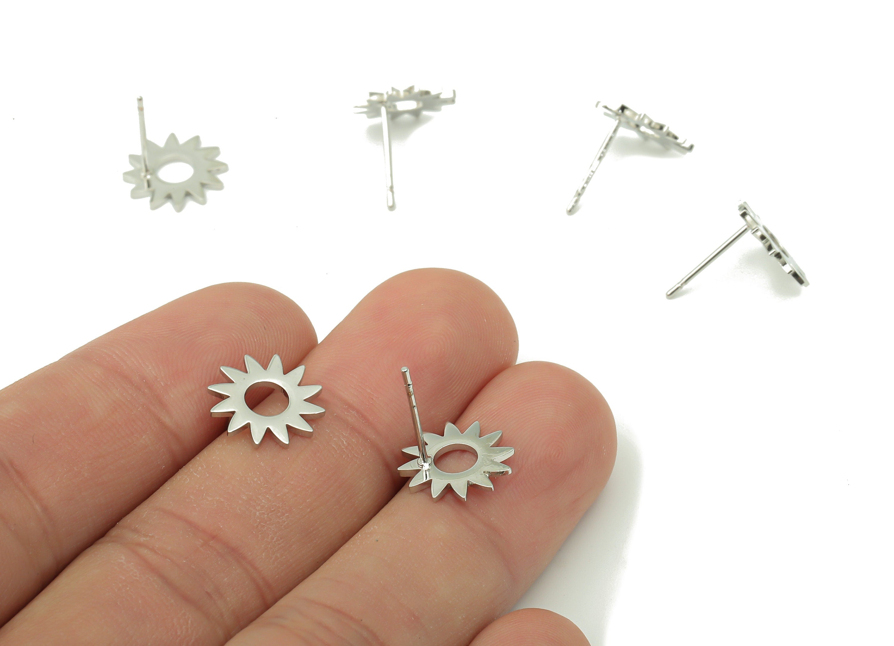 Steel Windmill Earring Posts - Gear Earring Stud - 316 Surgical Stainless Steel Stud - White Gold Tone Plated - 11.8x11.8x0.9mm - SS1374 - DOMEDBAZAAR