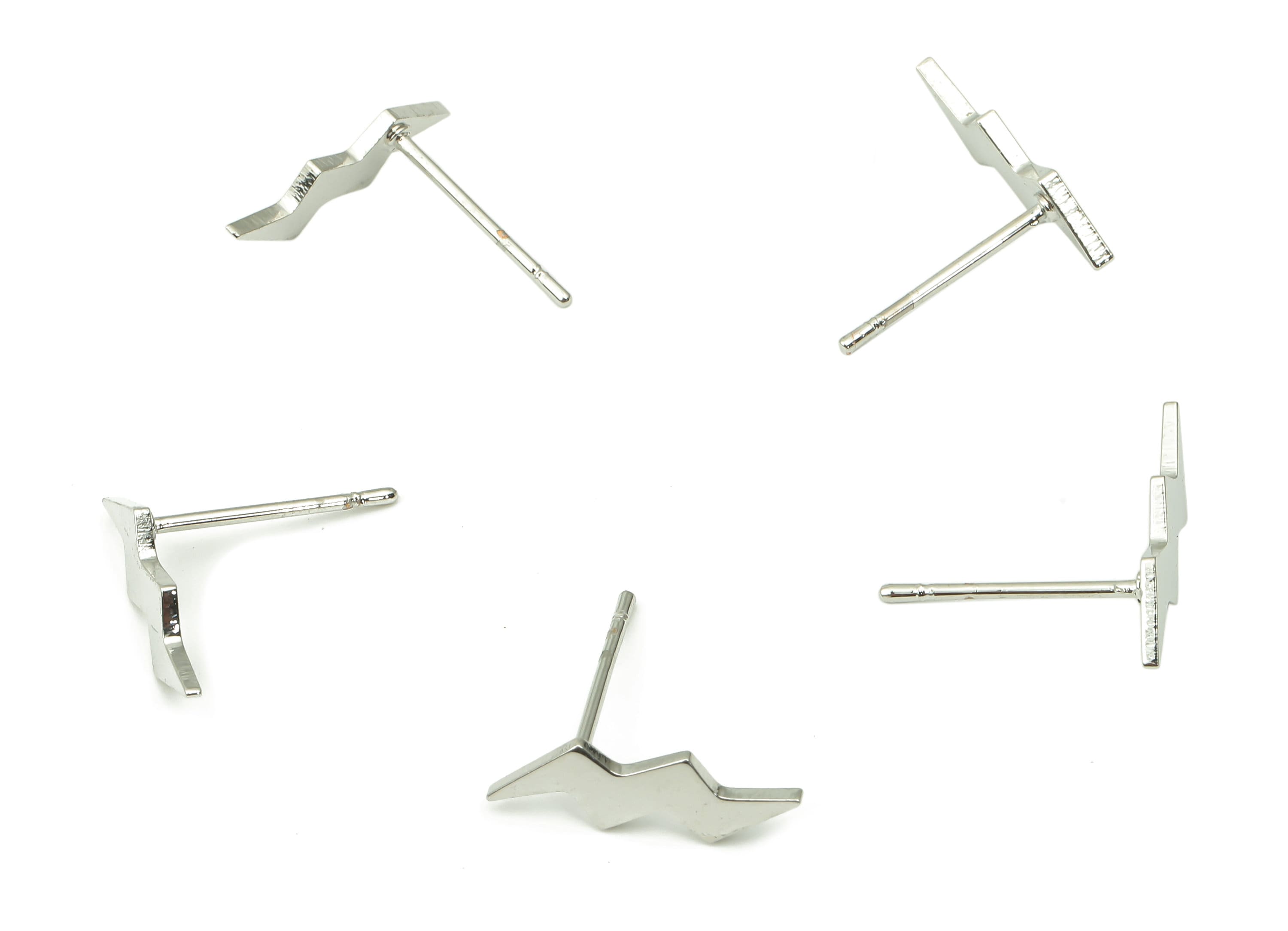 Steel Flash Earring Posts - Lightning Earring Stud - 316 Surgical Stainless Steel Stud - White Gold Tone Plated - 14.3x4.5x0.8mm - SS1376 - DOMEDBAZAAR