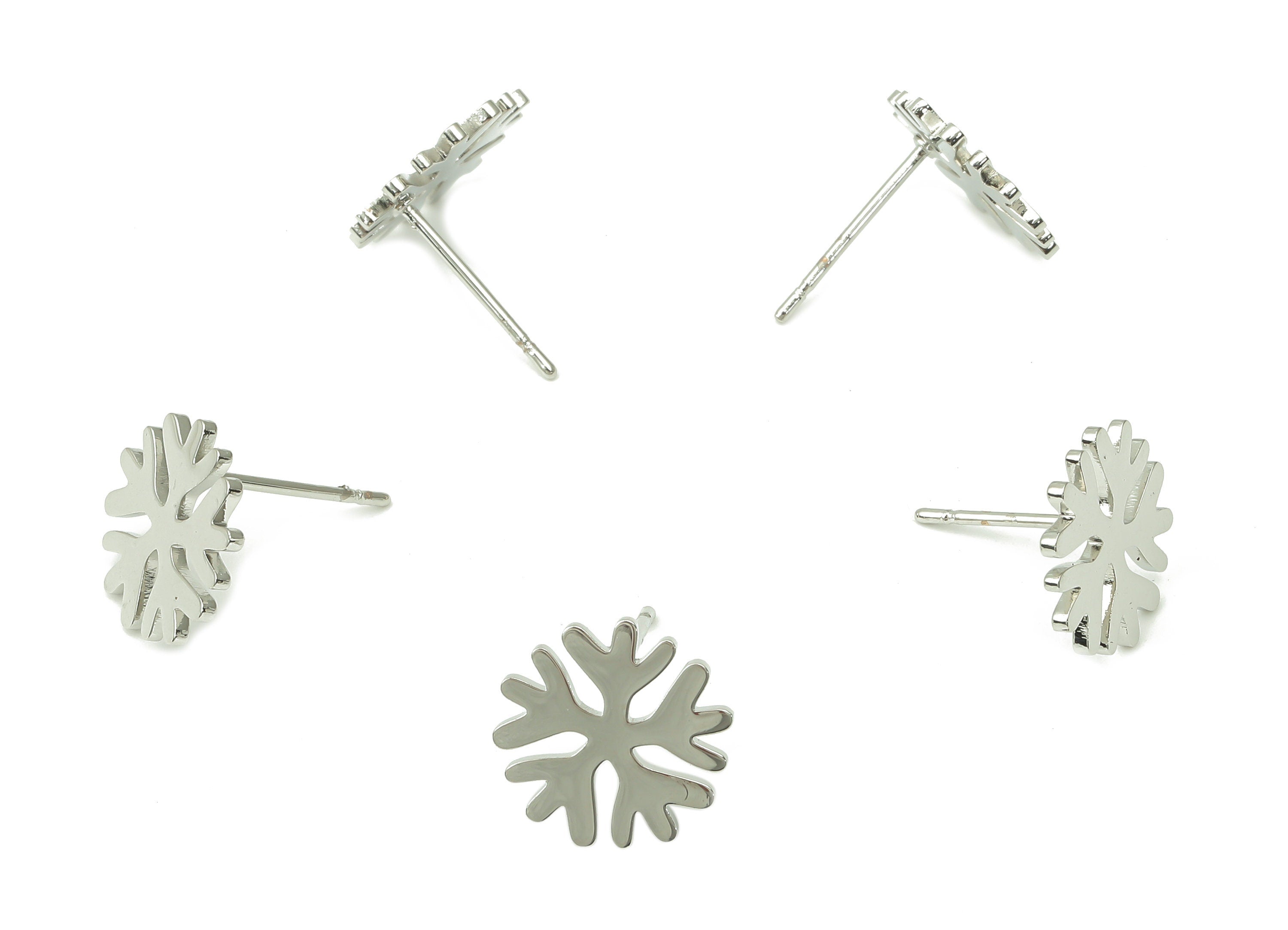 Steel Snowflake Earring Post - Snowflake Earring Stud - 316 Surgical Stainless Steel Stud -  White Gold Tone Plated - 11.8x11.8x1.3mm-SS1377 - DOMEDBAZAAR