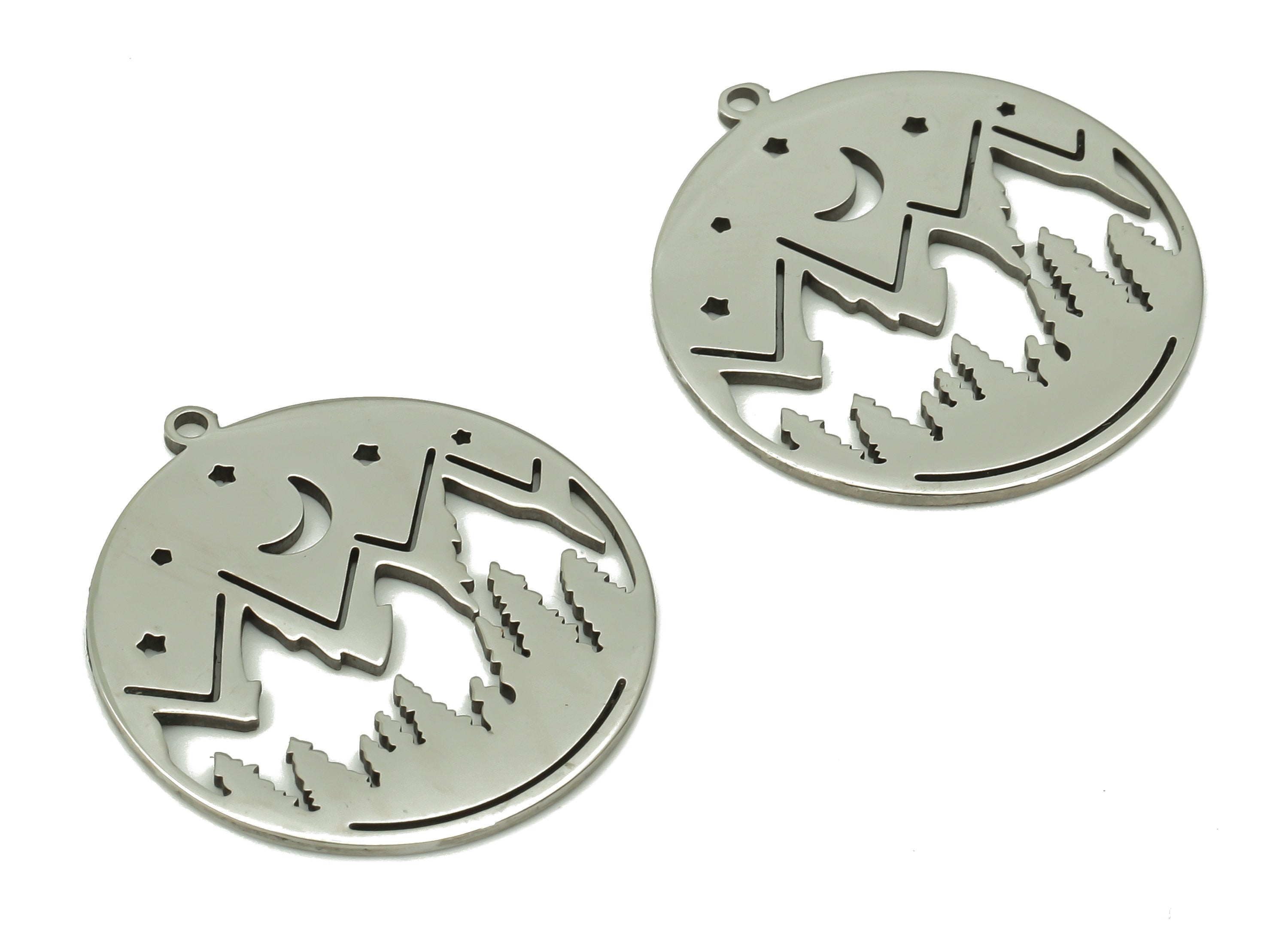 Steel Mountain Tree Earring Charms - Circle Landscape - Stars Crescent Pendant With Loop - 316 Stainless Steel - 23.5x21.8x0.9mm - SS1382 - DOMEDBAZAAR