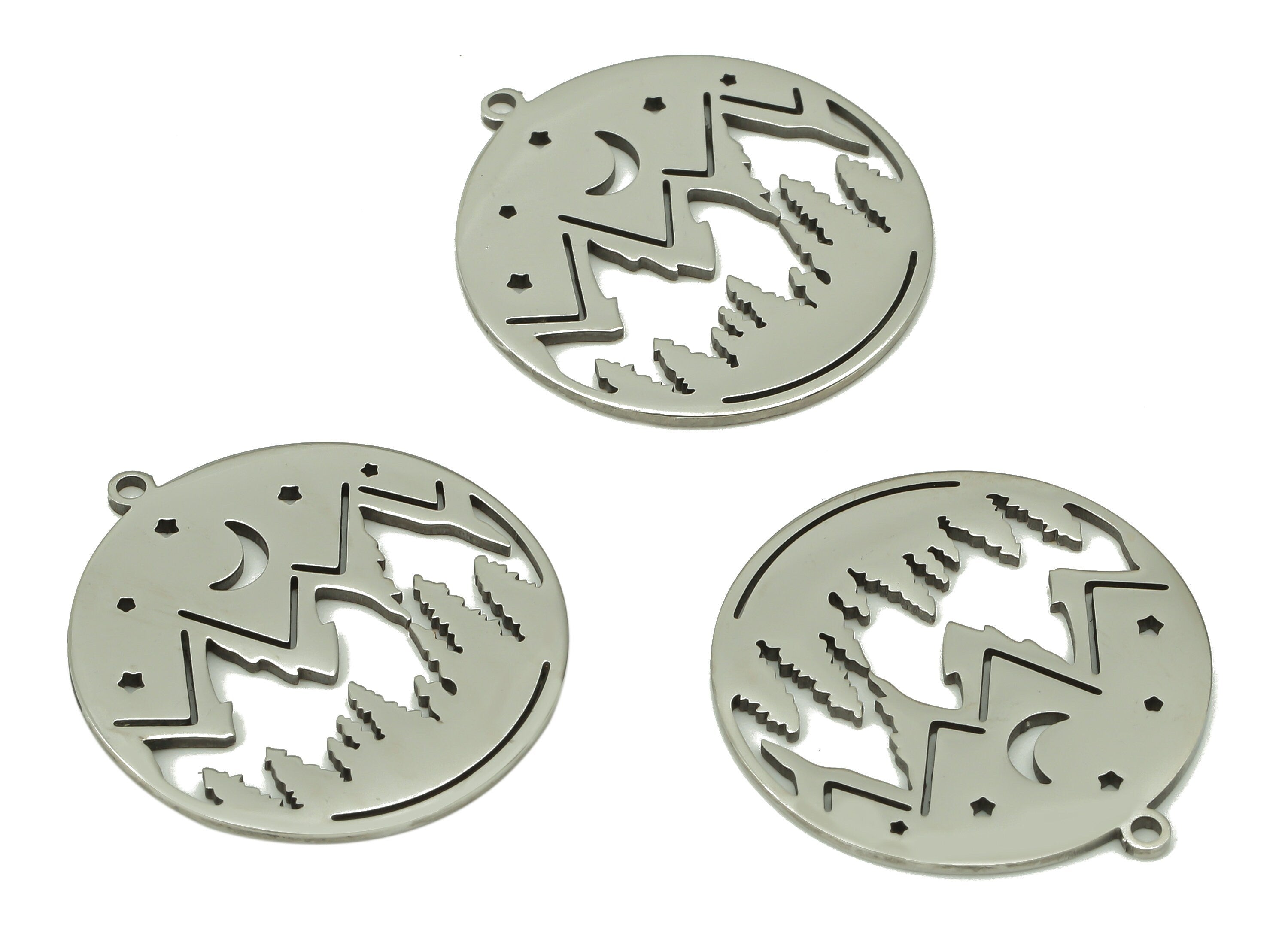 Steel Mountain Tree Earring Charms - Circle Landscape - Stars Crescent Pendant With Loop - 316 Stainless Steel - 23.5x21.8x0.9mm - SS1382 - DOMEDBAZAAR