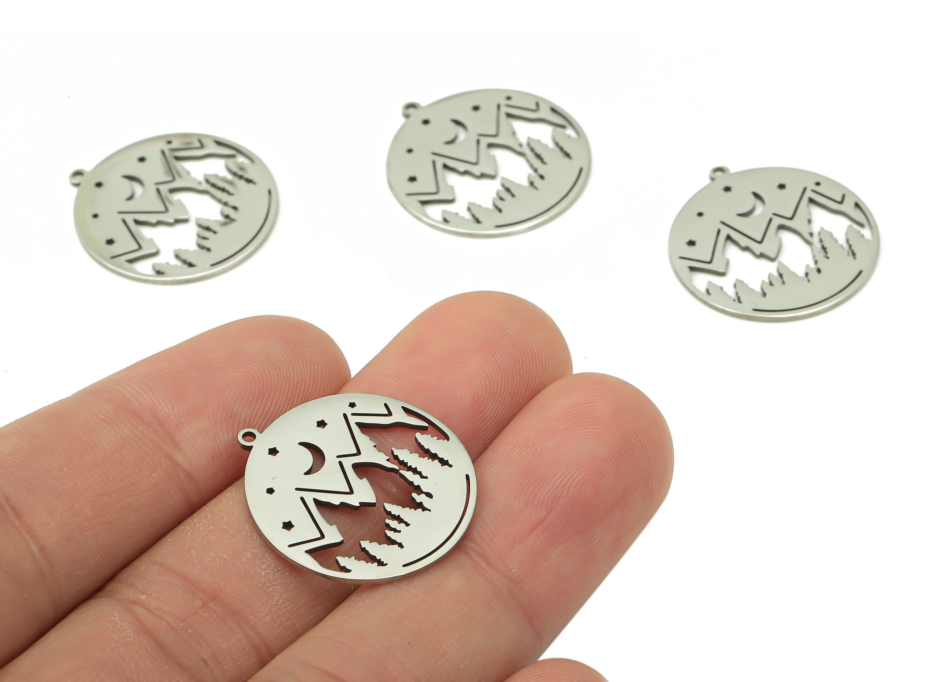 Steel Mountain Tree Earring Charms - Circle Landscape - Stars Crescent Pendant With Loop - 316 Stainless Steel - 23.5x21.8x0.9mm - SS1382 - DOMEDBAZAAR