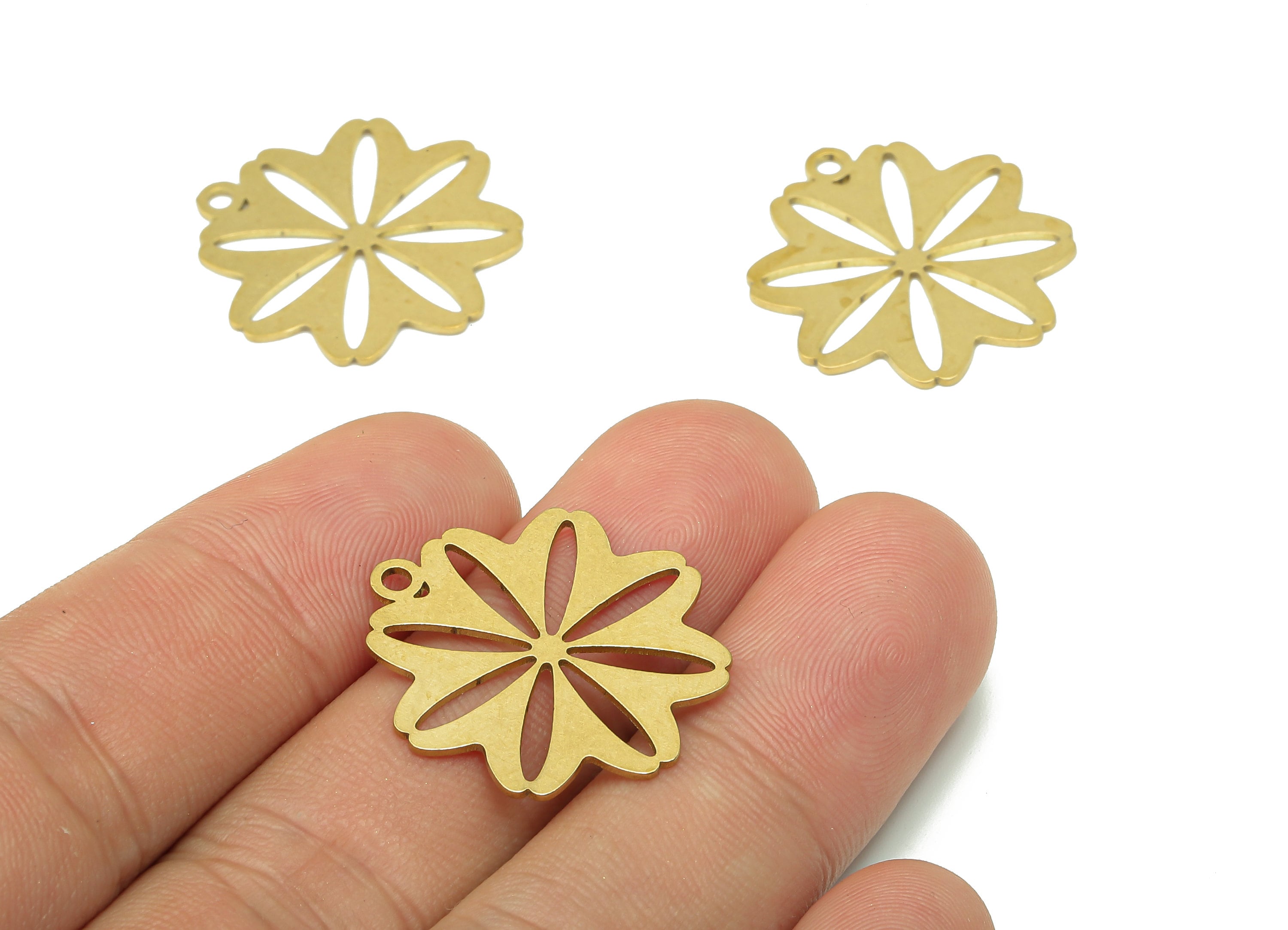Brass Flower Earring Charms - Raw Brass Cutout Earring - Flower Pendant With Loop - Botanical Charm For Necklace - 25.1x23x0.7mm - PPA5192 - DOMEDBAZAAR