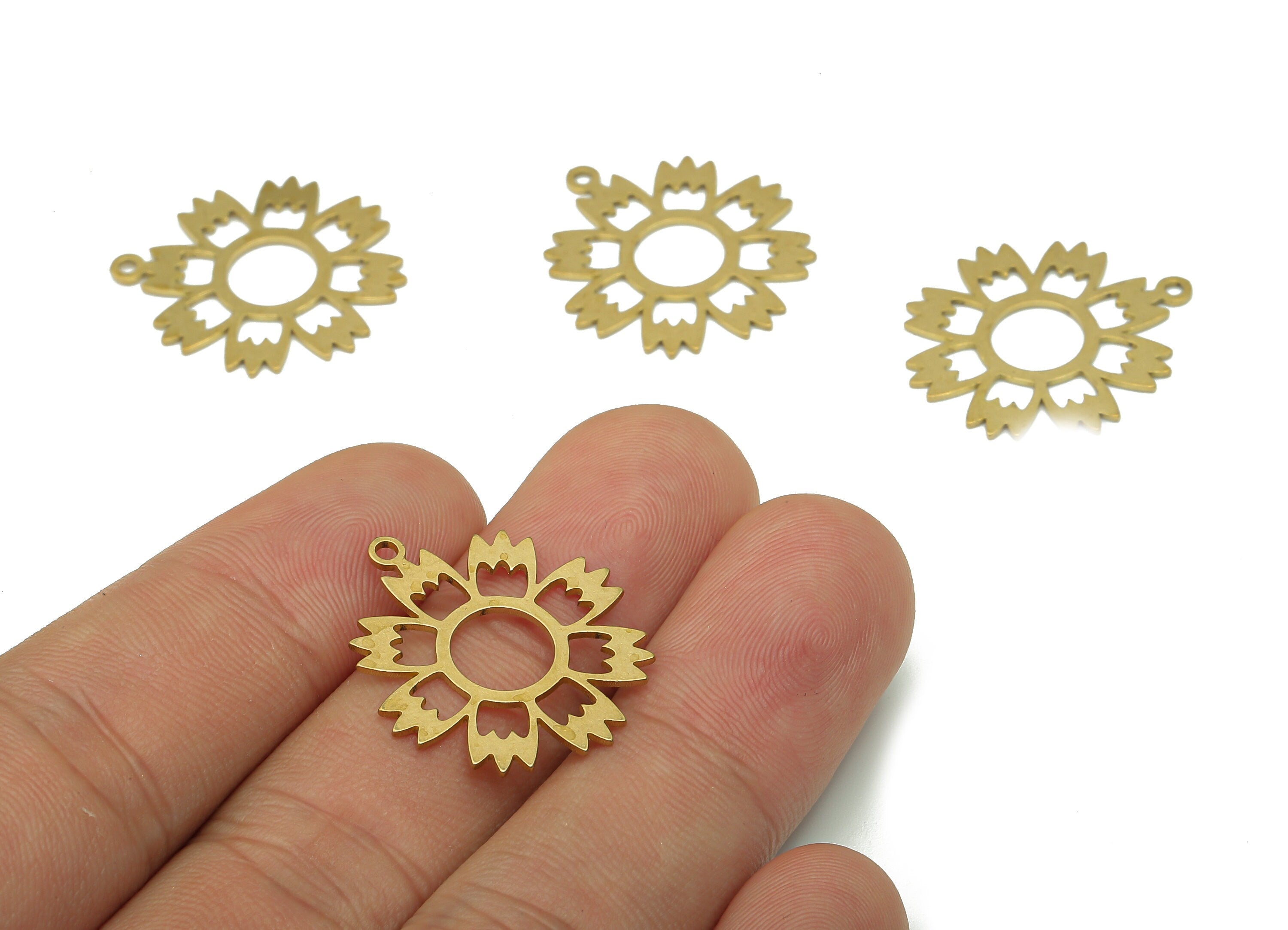 Brass Flower Earring Charms - Raw Brass Cutout Earring - Flower Pendant With Loop - Botanical Charm For Necklace - 24.9x21.2x0.7mm - PPA5198 - DOMEDBAZAAR