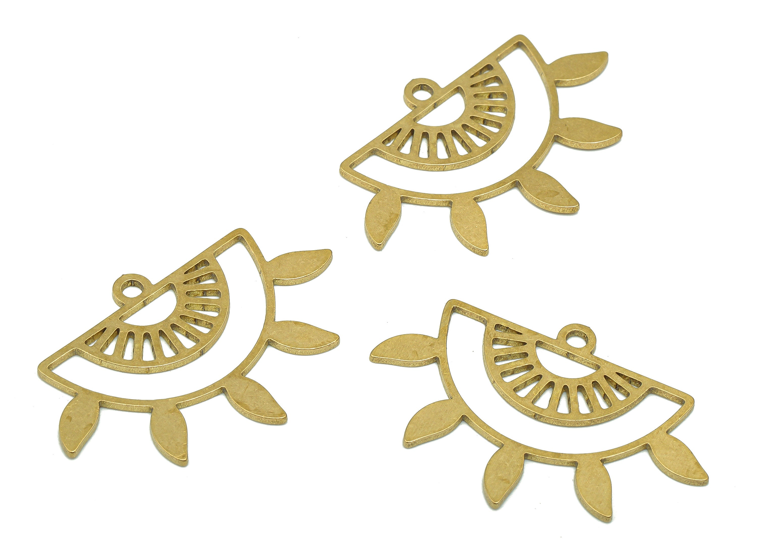 Brass Semicircle Earring Charm - Raw Brass Cutout Earring - Sun Pendant With Loop - Leaf Charm For Necklace - 33.8x22.3x0.9mm -PPA5345 - DOMEDBAZAAR