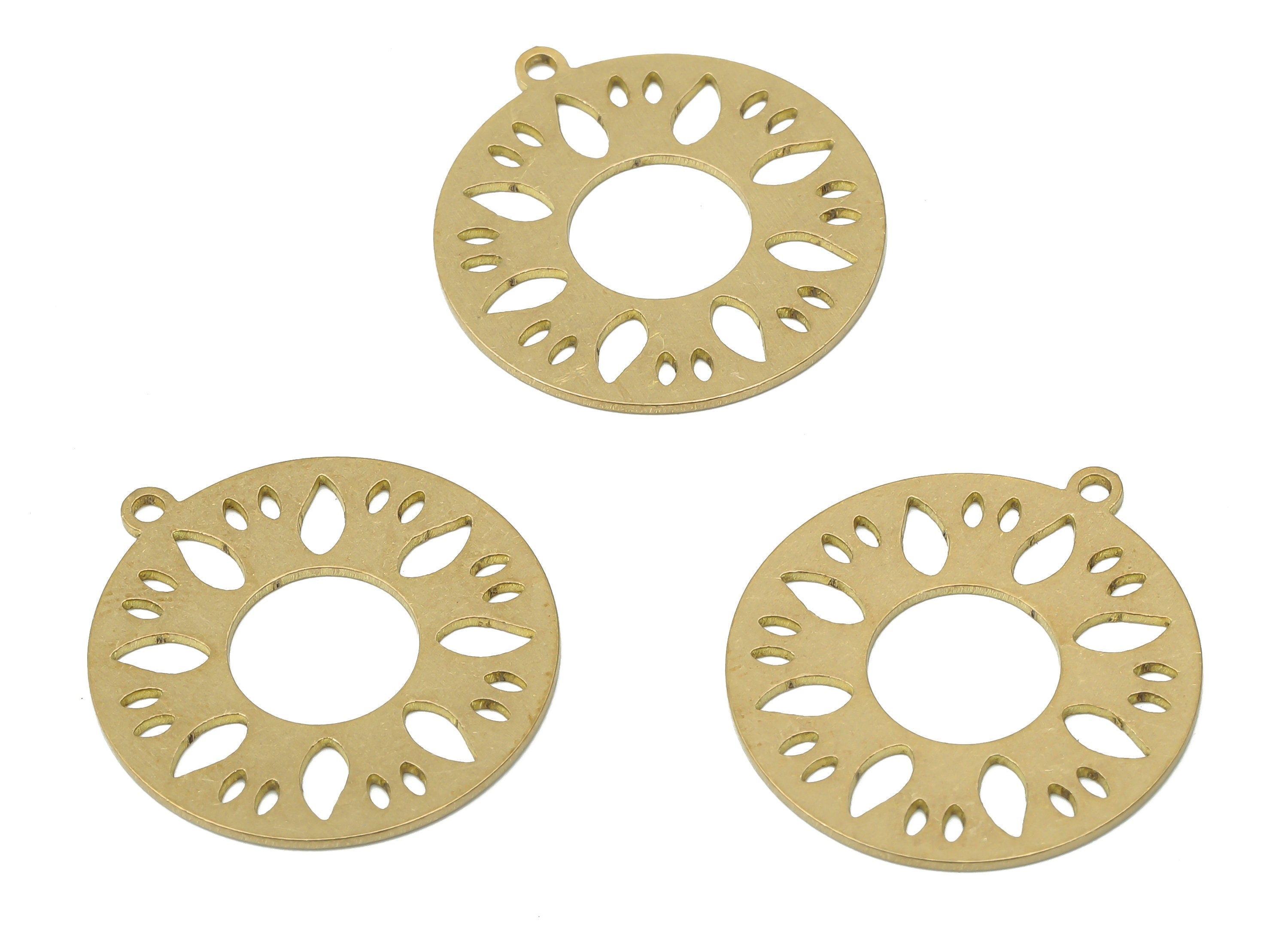 Brass Round Flower Earring Charm - Raw Brass Circle Sun Earring - Donut Pendant With Loop - Botanical Charm - 24.8x22.6x0.6mm-PPA3935 - DOMEDBAZAAR