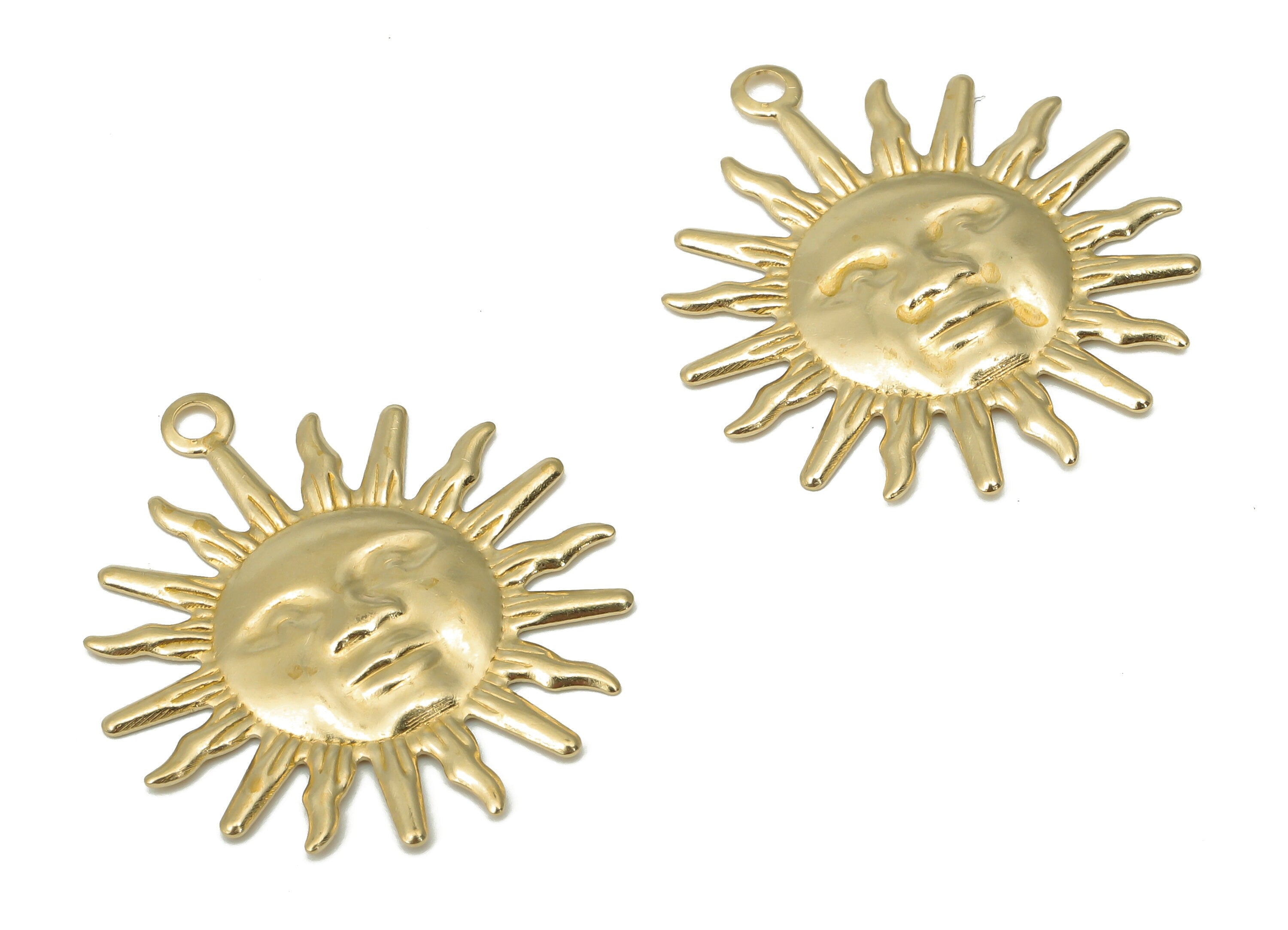 Brass Sun Face Earring Charm - Raw Brass Sun Face Earring - Round Pendant With Loop - Circle Sun Flares Charm - 24.7x21.8x1.04mm - PP7393 - DOMEDBAZAAR