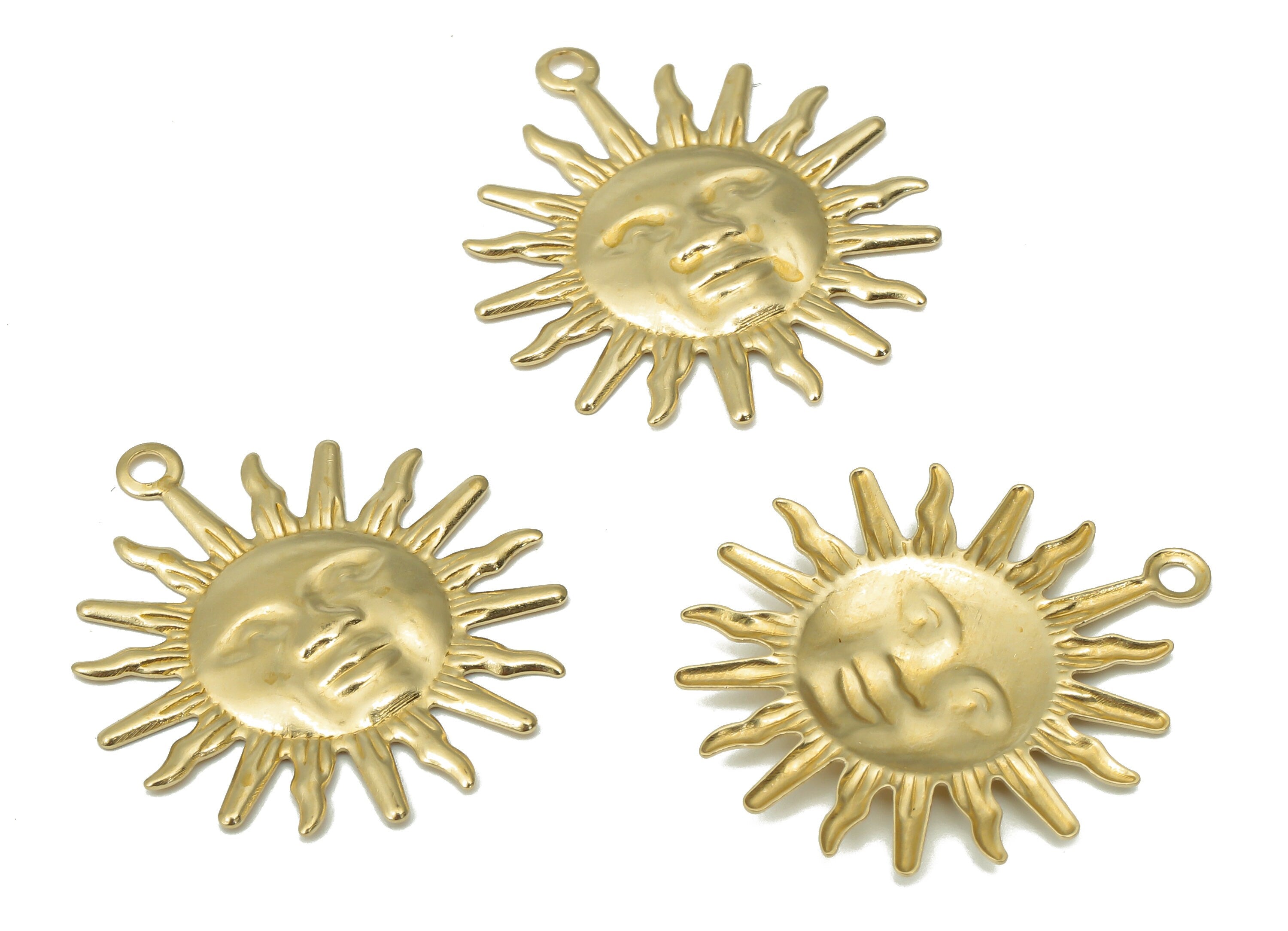 Brass Sun Face Earring Charm - Raw Brass Sun Face Earring - Round Pendant With Loop - Circle Sun Flares Charm - 24.7x21.8x1.04mm - PP7393 - DOMEDBAZAAR