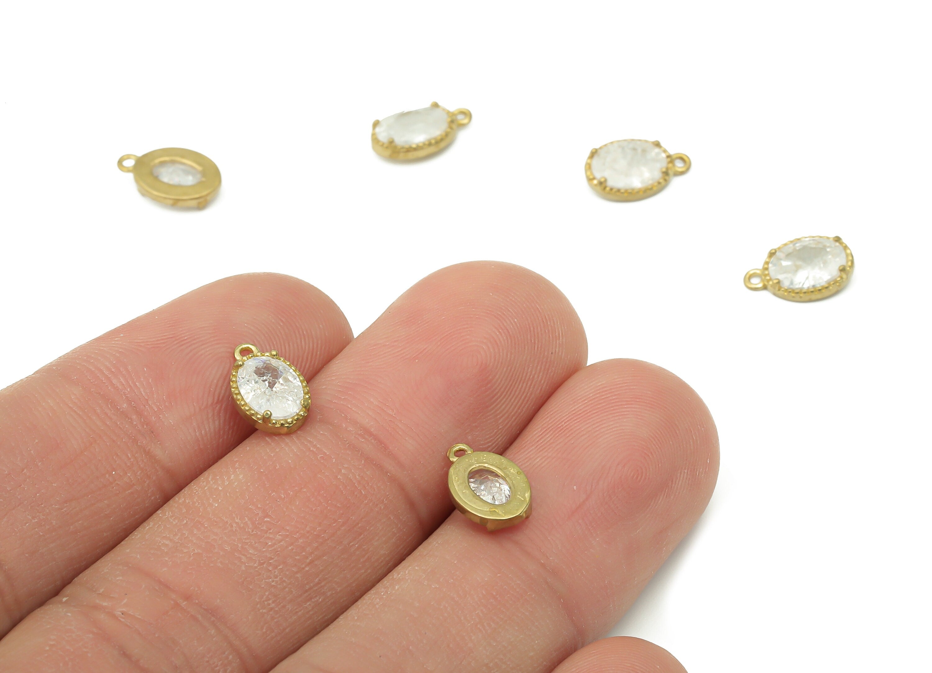 Brass Oval Earring Charms - Raw Brass Earring With Loop - Oval Pendant With White Zircon - Charm For Necklace - 10.1x6.33x2.6mm - PP7430C - DOMEDBAZAAR