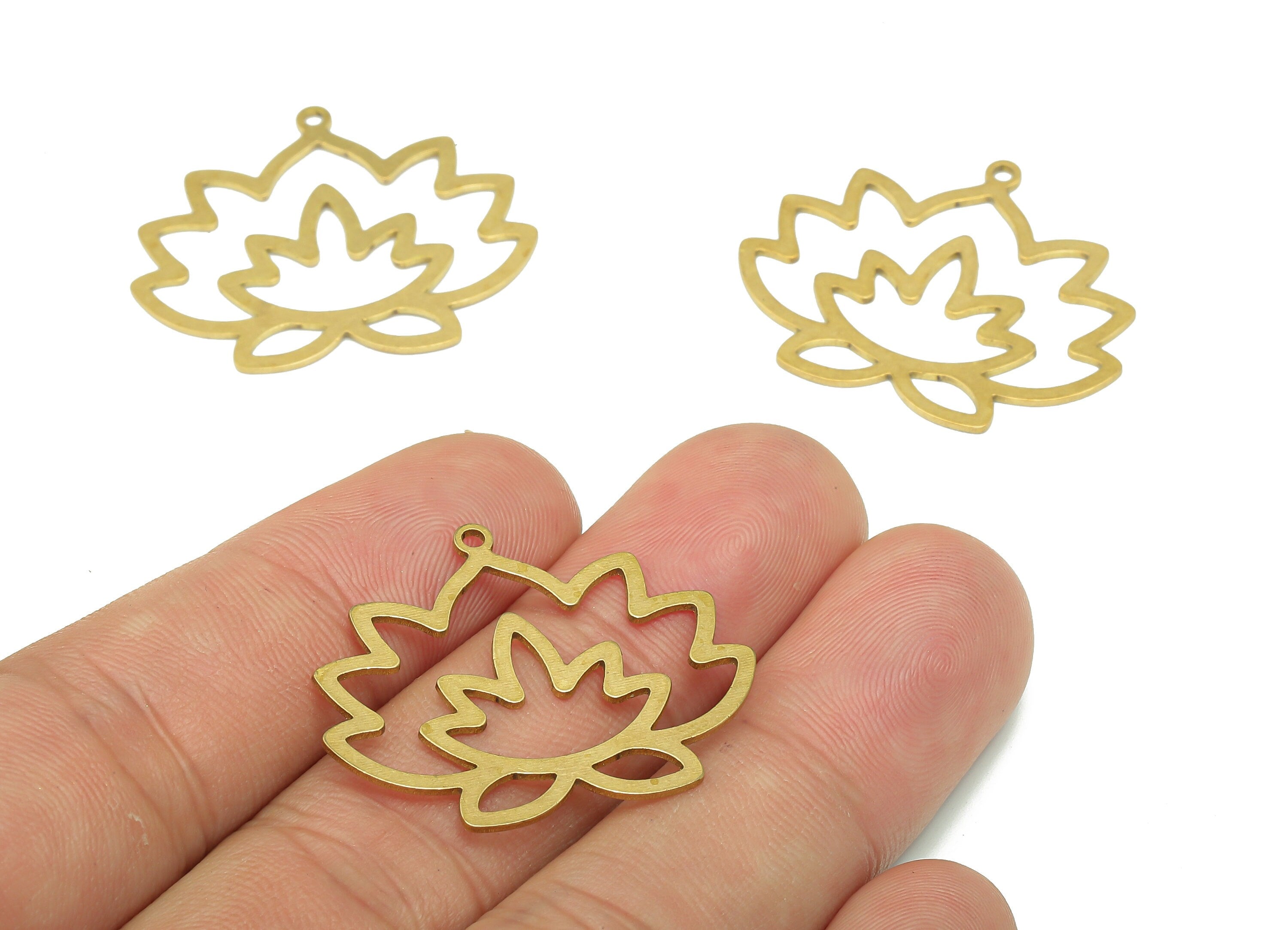 Brass Flower Earring Charms - Raw Brass Cutout Earring - Flower Pendant With Loop - Lotus Charm For Necklace - 25.88x31.71x0.66mm - PPA5381 - DOMEDBAZAAR