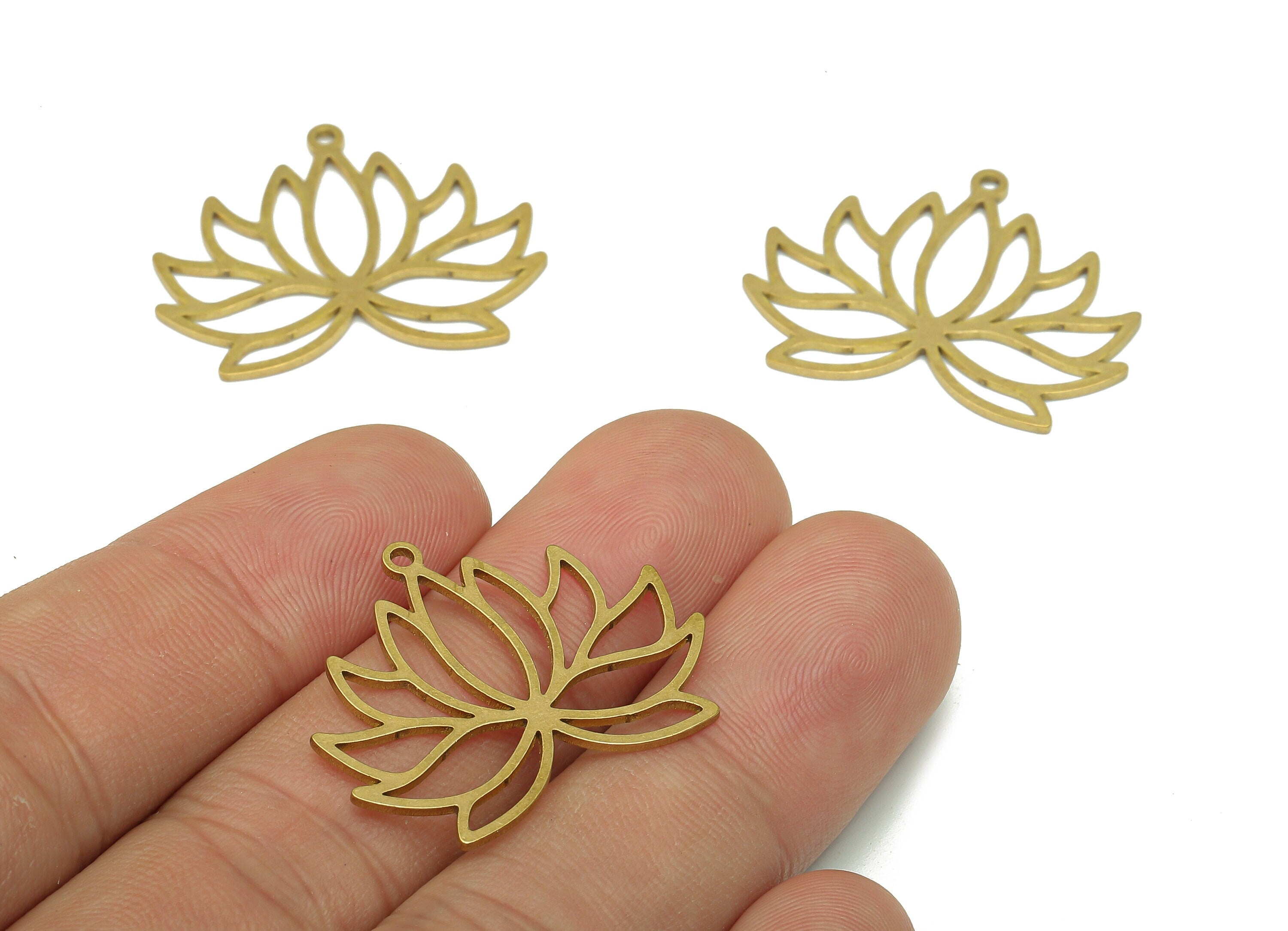 Brass Flower Earring Charms - Raw Brass Cutout Earring - Flower Pendant With Loop - Lotus Charm For Necklace - 29.73x23.45x0.88mm - PPA5382 - DOMEDBAZAAR