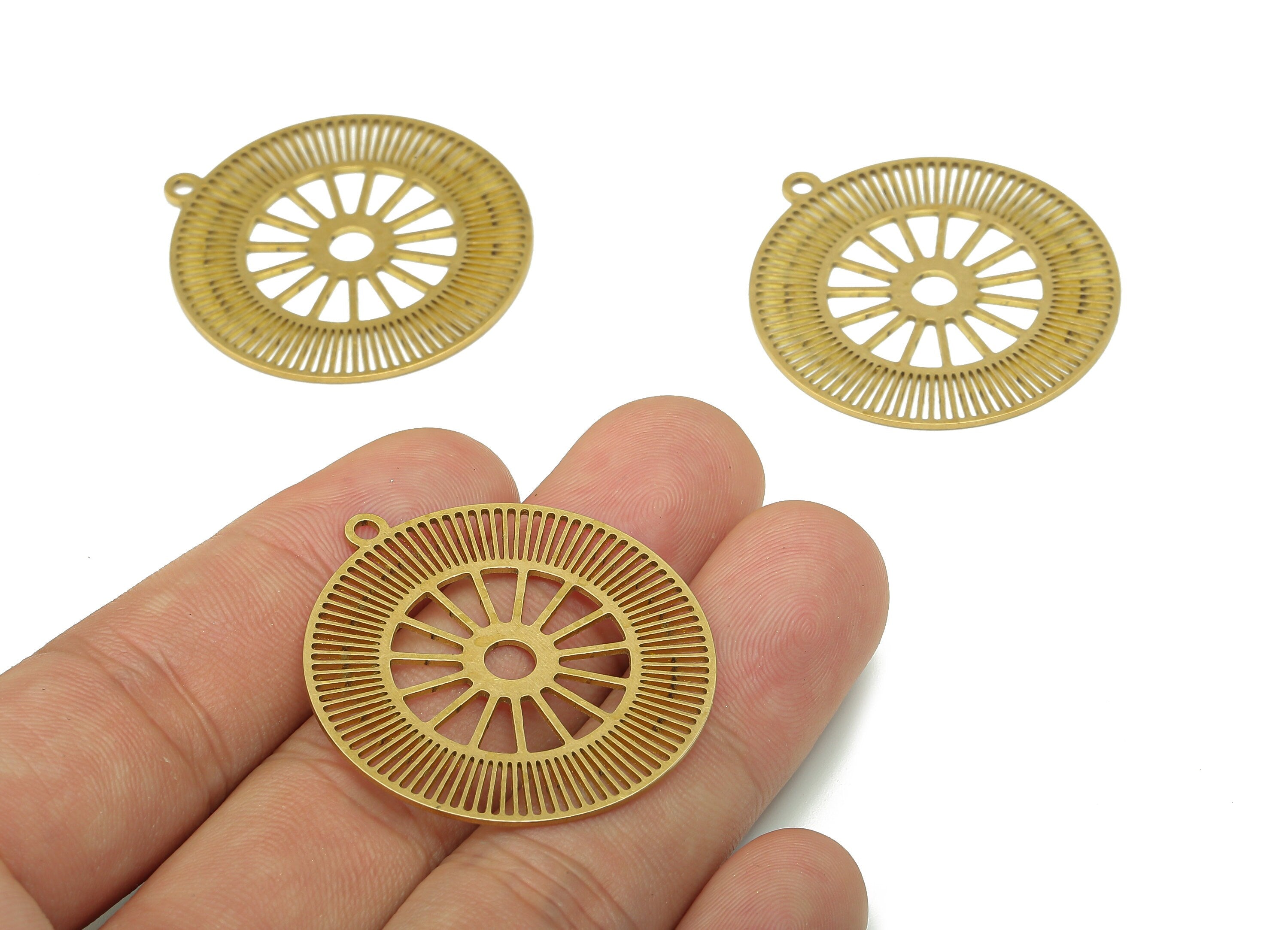 Brass Round Earring Charms - Raw Brass Tire Cutout Earring - Circle Pendant With Loop - Wheel Charm For Necklace - 37.8x34.9x0.7mm - PPA5418 - DOMEDBAZAAR