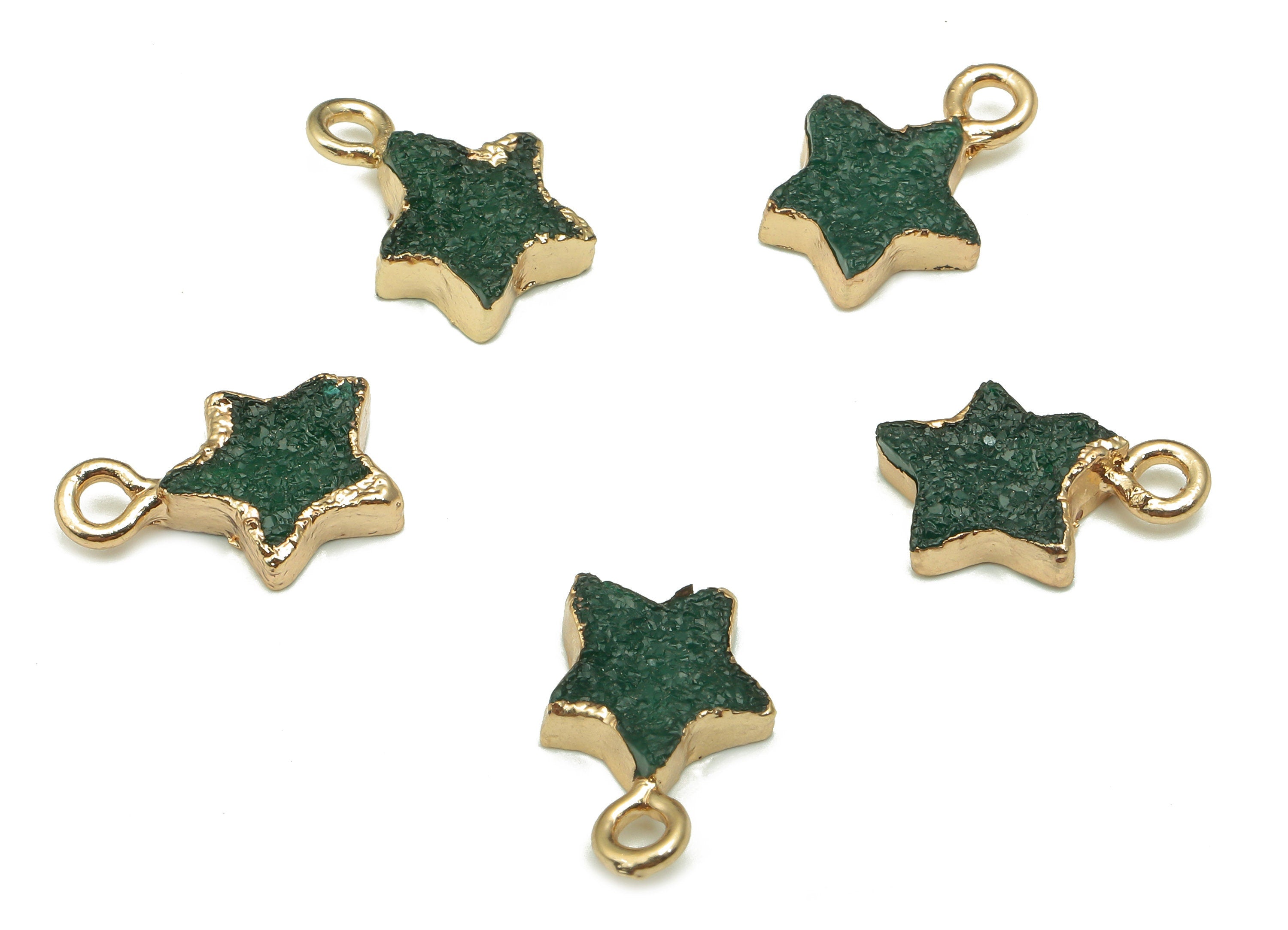 Druzy Star Earring Charms - Brass Green Resin Earrings - Star Pendant With Loop - Gold Tone Plating - 14.21x9.96x2.74mm - RC1214 - DOMEDBAZAAR