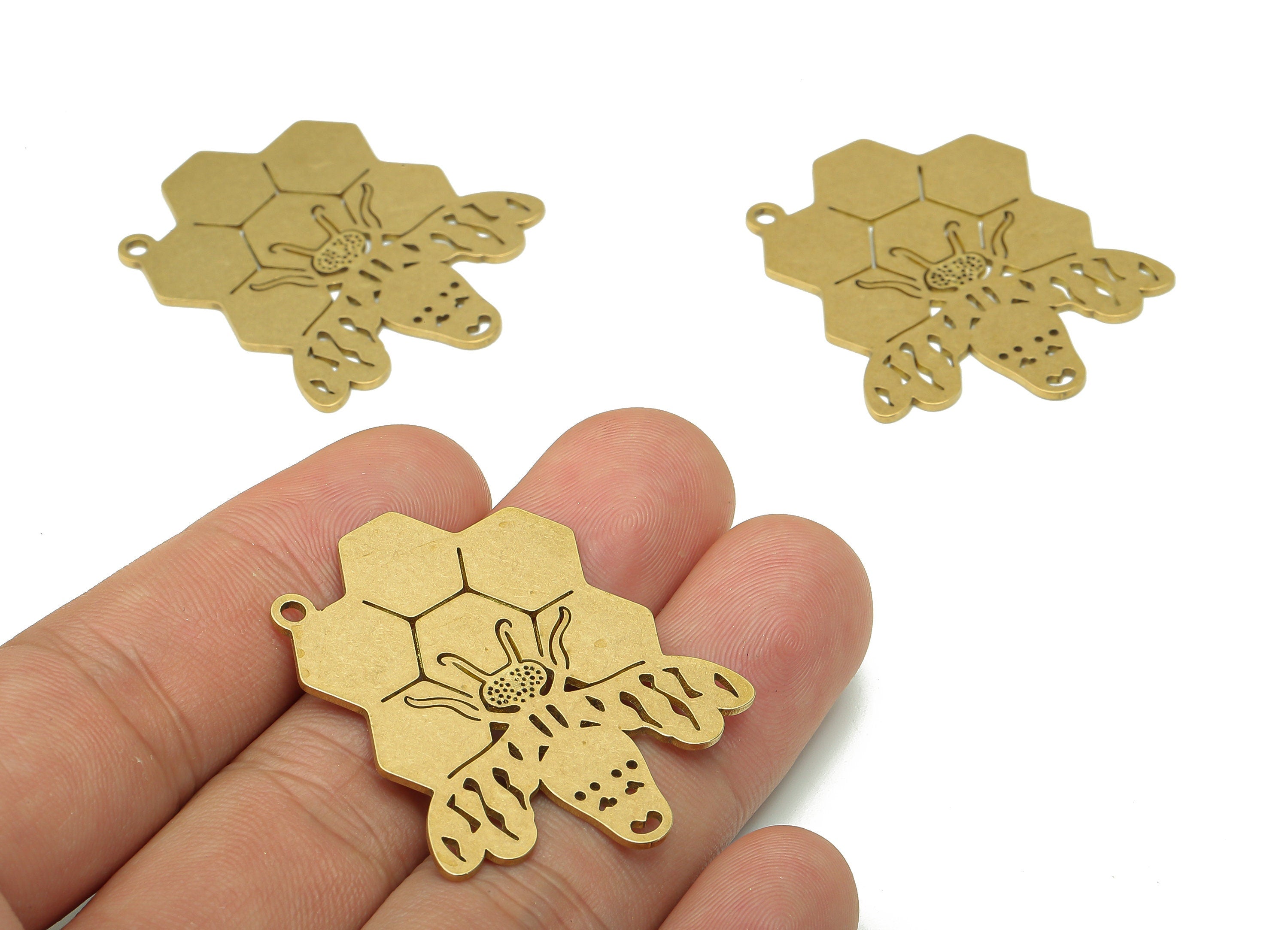 Brass Bee Earring Charm - Raw Brass Cutout Earring - Honeycomb Pendant With Loop - Insect Charm For Necklace - 38.86x33.05x0.84mm - PPA5600 - DOMEDBAZAAR