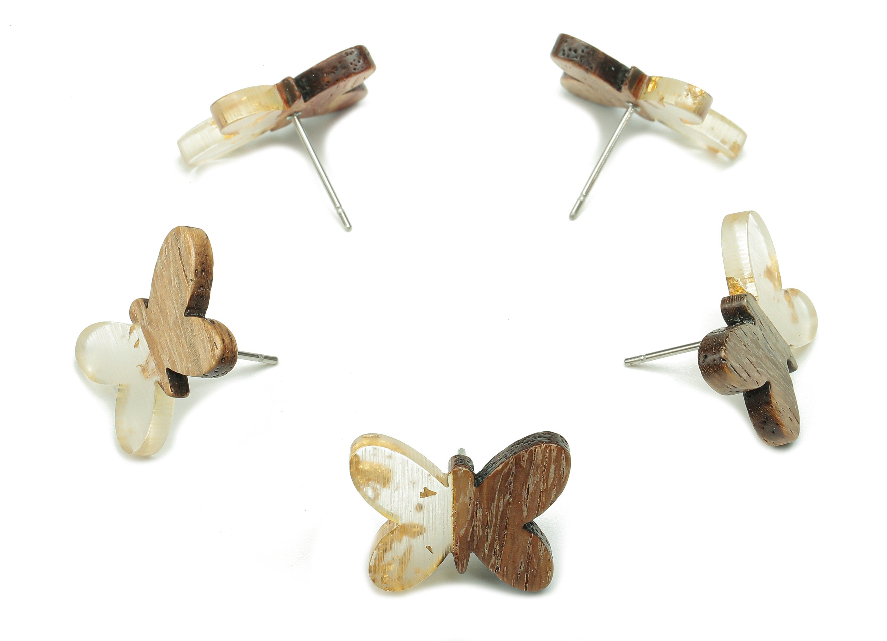 Natural Wooden Butterfly Earring Stud - Walnut Wood Clear With Gold Foil Resin Post - 316 Stainless Steel Stud - 18.13x13.48x3.17mm -BB1273G - DOMEDBAZAAR