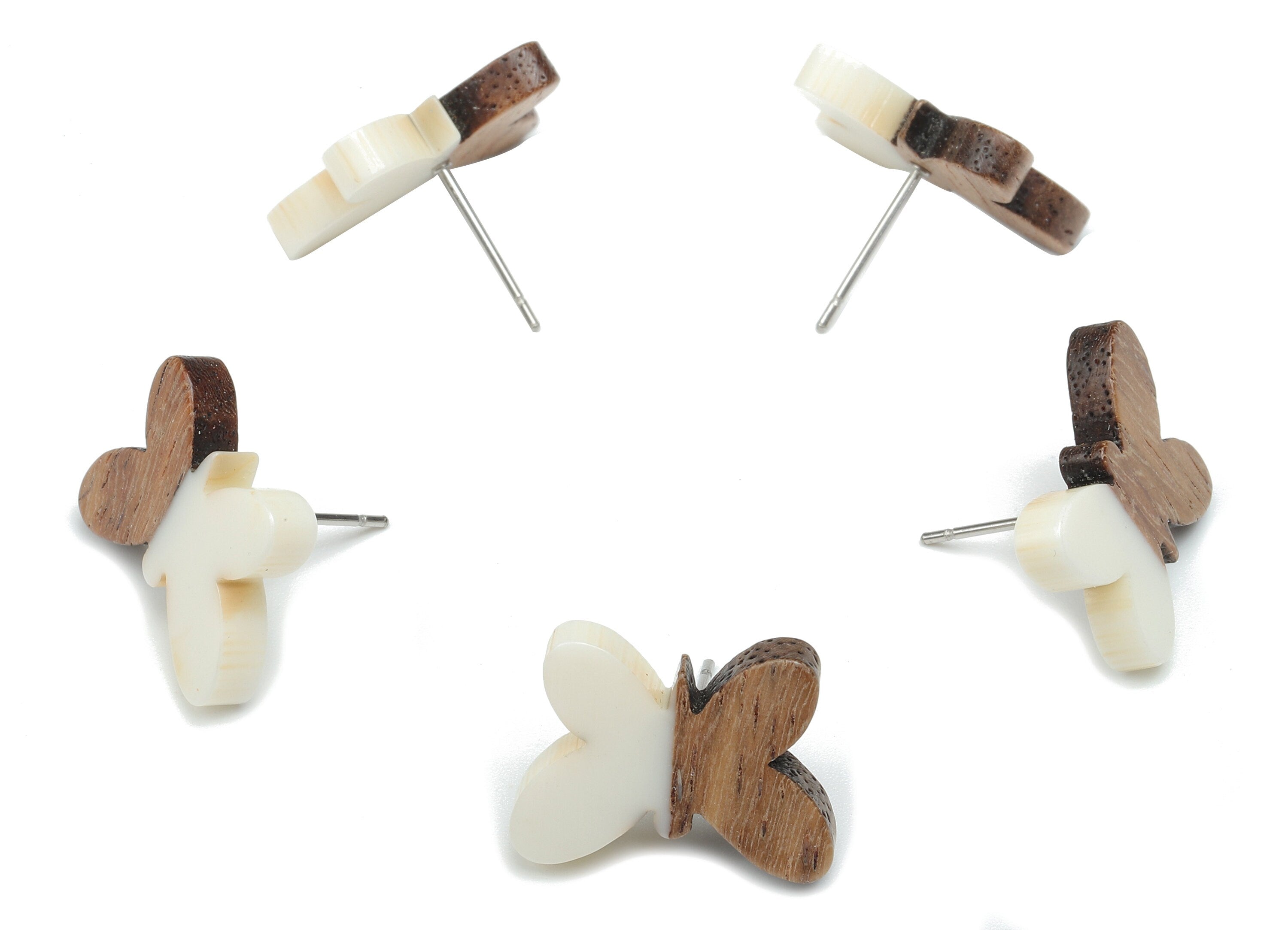 Natural Wooden Butterfly Earring Stud - Walnut Wood White Resin Earring Post - 316 Stainless Steel Stud - 18.13x13.48x3.17mm - BB1273N - DOMEDBAZAAR