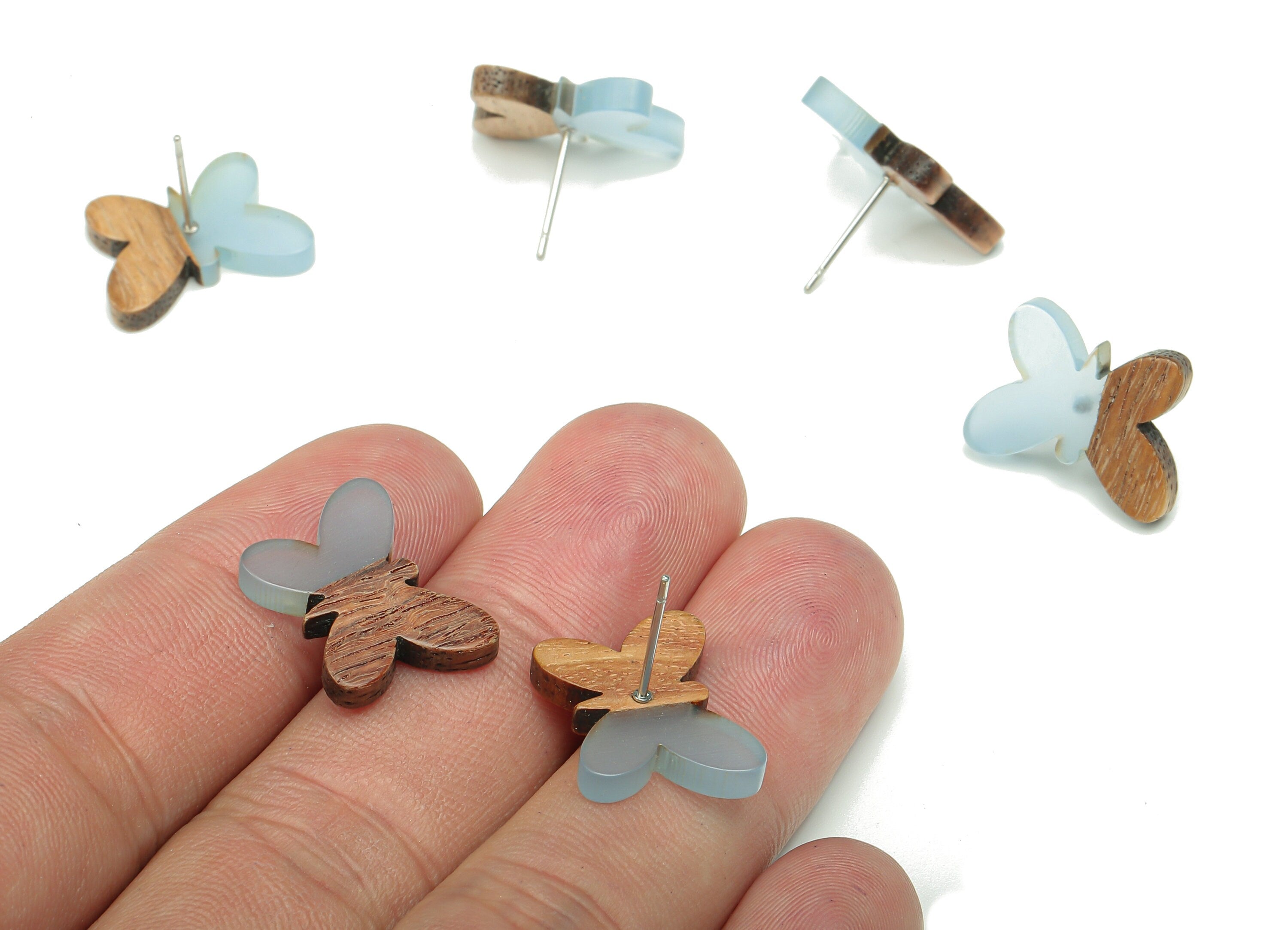 Natural Wooden Butterfly Earring Stud - Walnut Wood Light Blue Resin Earring Post - 316 Stainless Steel Stud - 18.13x13.48x3.17mm - BB1273P - DOMEDBAZAAR