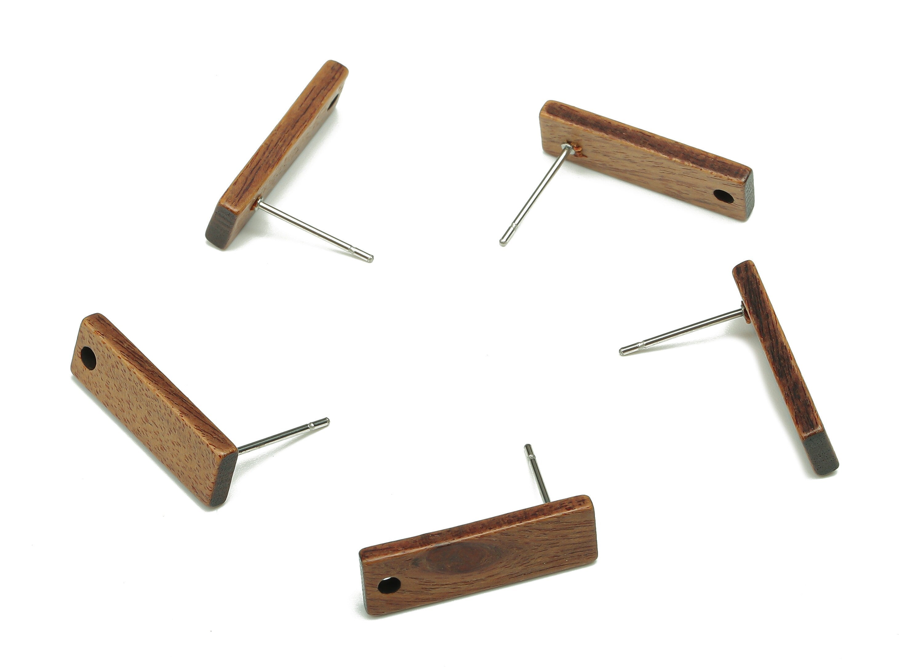 Natural Wooden Bar Earring Stud - Walnut Wood  Brown Rectangle Earring Post - 316 Stainless Steel Stud - 20.1x6.4x2.2mm - BB1275 - DOMEDBAZAAR