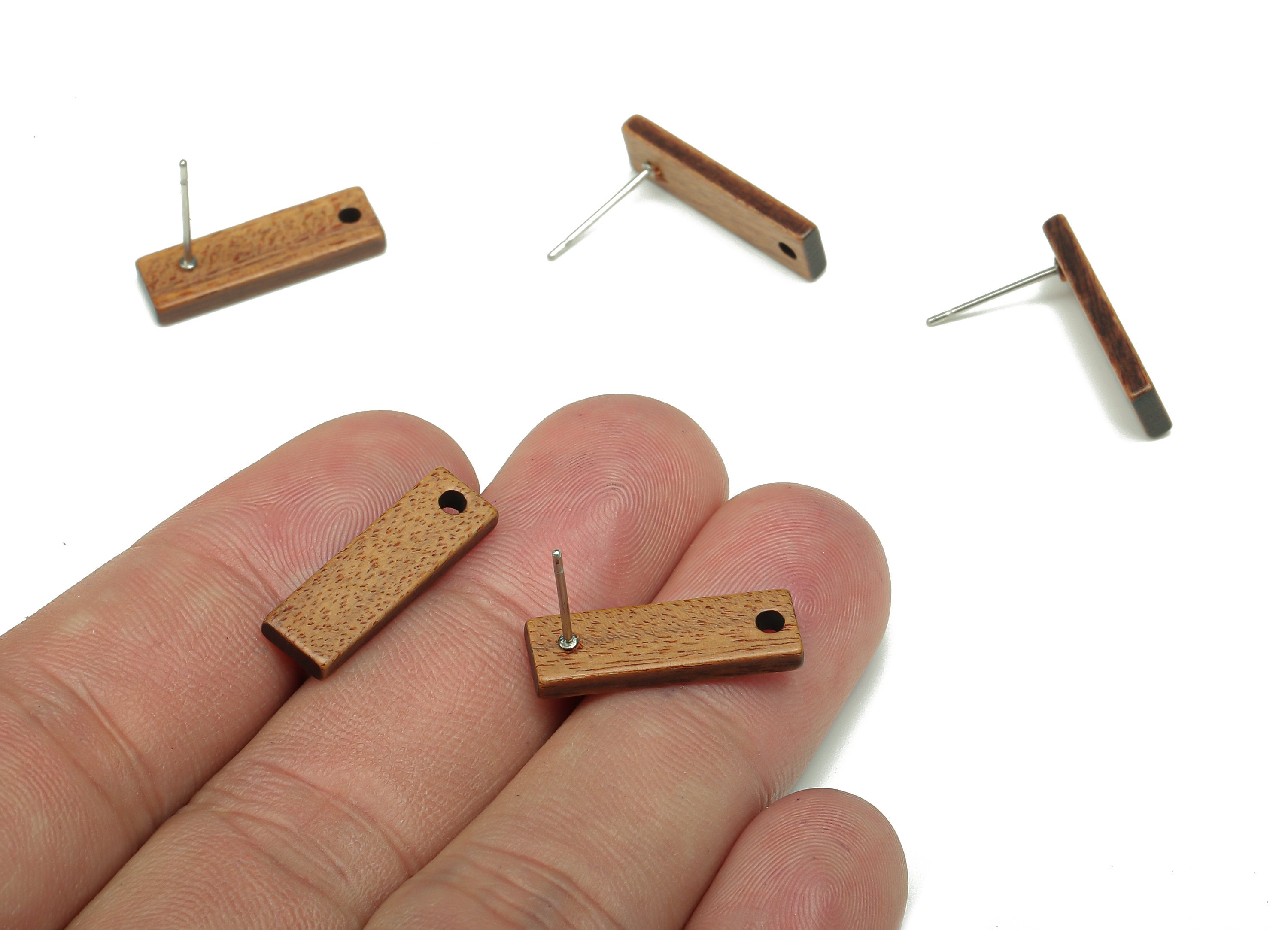 Natural Wooden Bar Earring Stud - Walnut Wood  Brown Rectangle Earring Post - 316 Stainless Steel Stud - 20.1x6.4x2.2mm - BB1275 - DOMEDBAZAAR