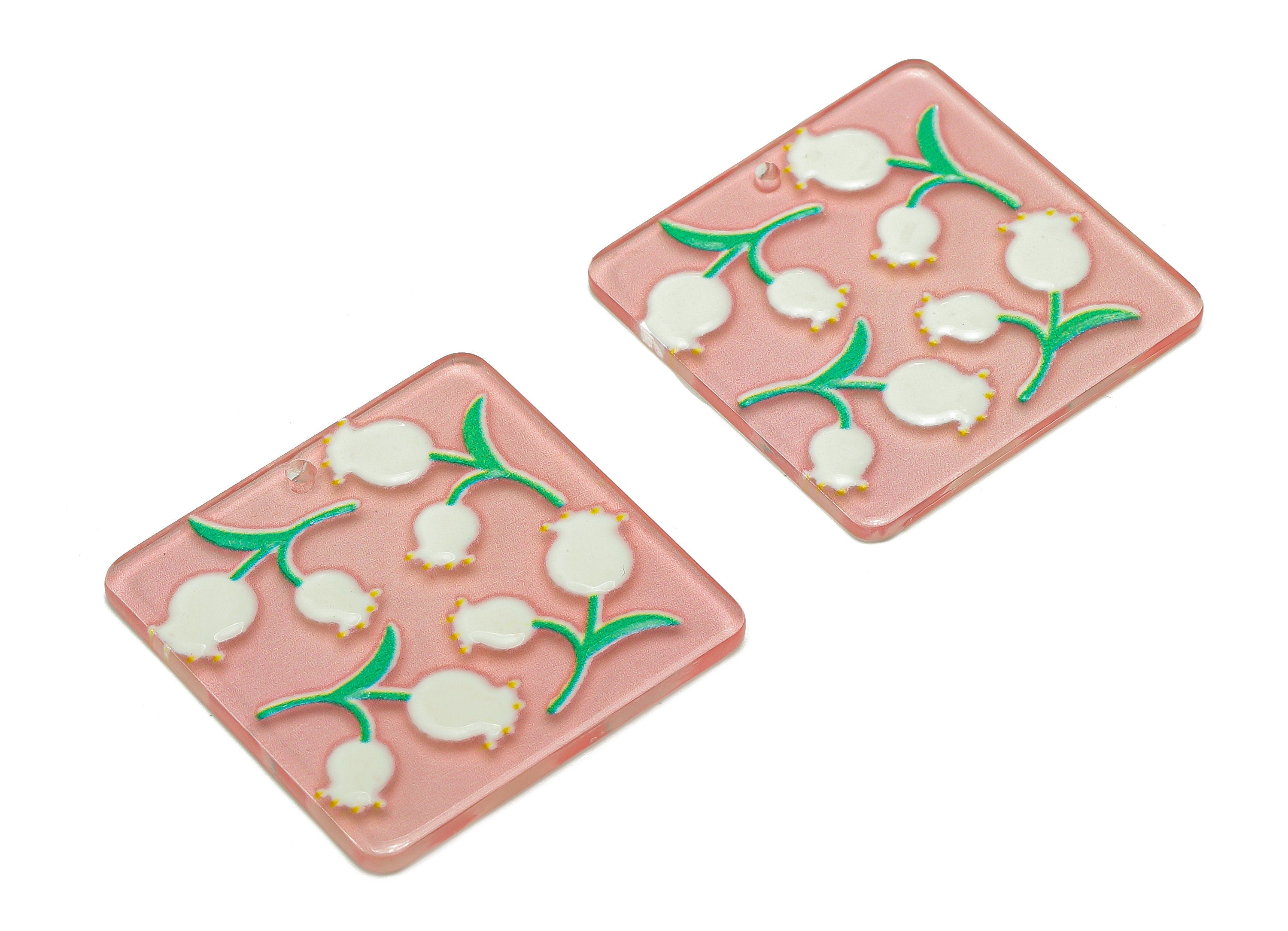 Acrylic Pink Square Flower Pendant - Acrylic White Rose Earring - Rose Bush Earring Charm - Flower Bush Charm - 30x30x2.1mm-AC2526B - DOMEDBAZAAR