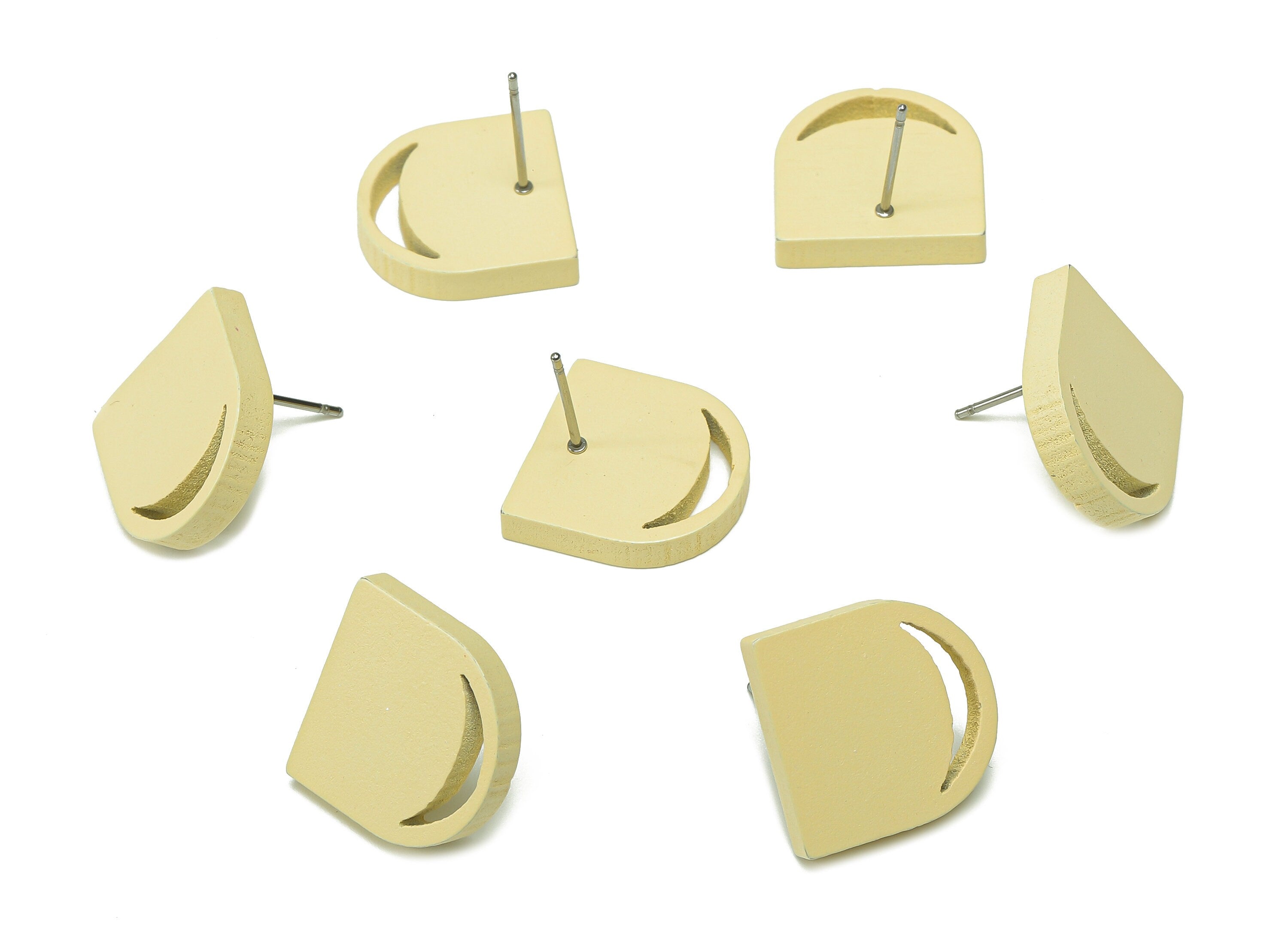 Hemu Wood Domed Earring Stud - Yellow Domed Earring Post - Stainless Steel Stud - Crescent Hollow Out Earring - 16.5x16.5x3.3mm - BB1278A - DOMEDBAZAAR