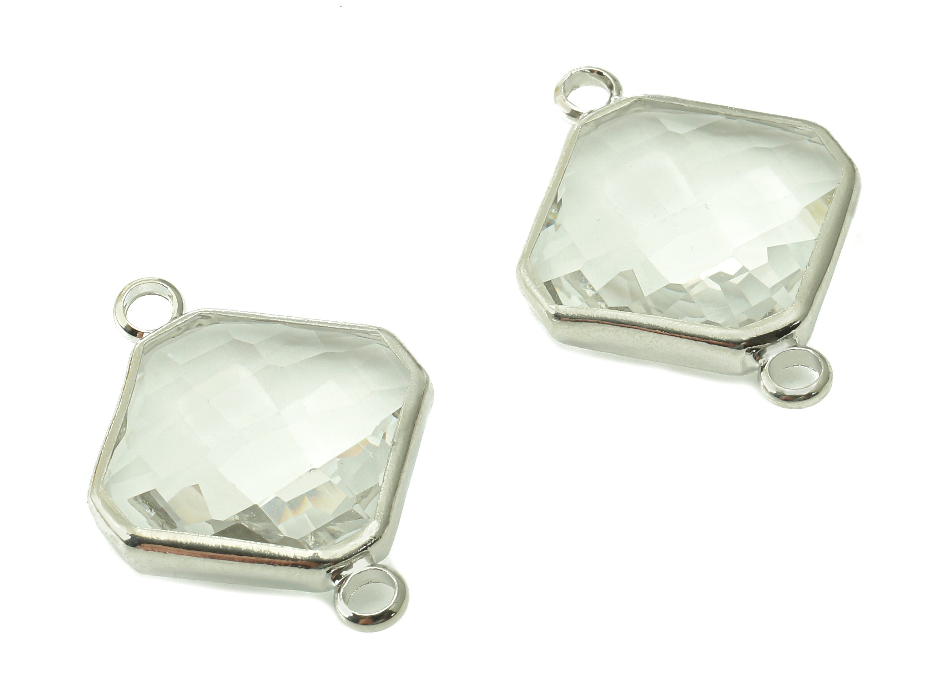 Square Clear Glass Connector - Brass Frame Pendant With 2 Loop - Silver Tone Plating - Faceted Transparent Glass - 23.6x17x5mm -GS1148S - DOMEDBAZAAR