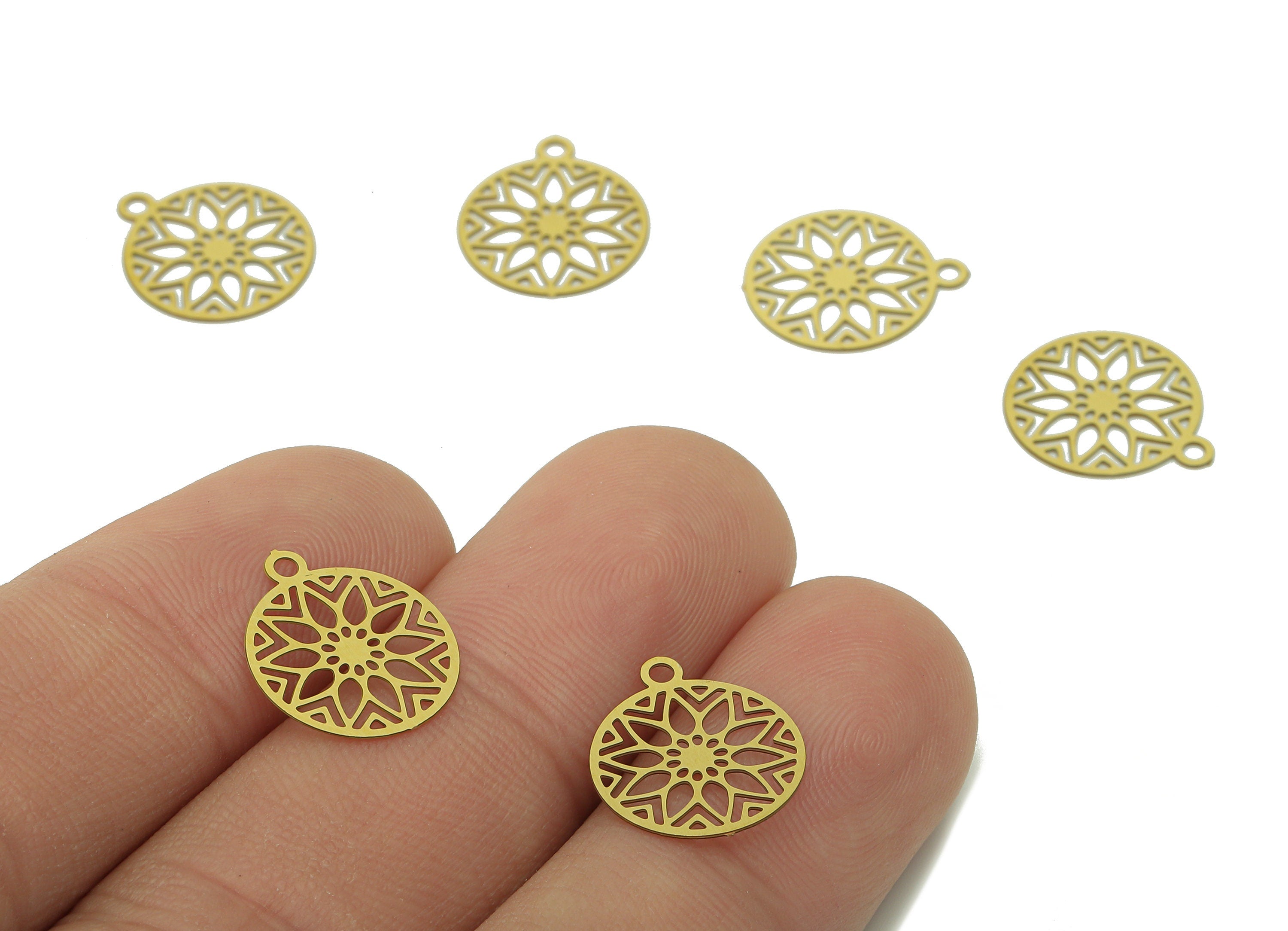 Brass Mini Round Earring Charm - Raw Brass Earring With Loop - Flower Pendant For Necklace - Mini Bracelet Charm - 14.7x12.5x0.3mm -JJC12945 - DOMEDBAZAAR