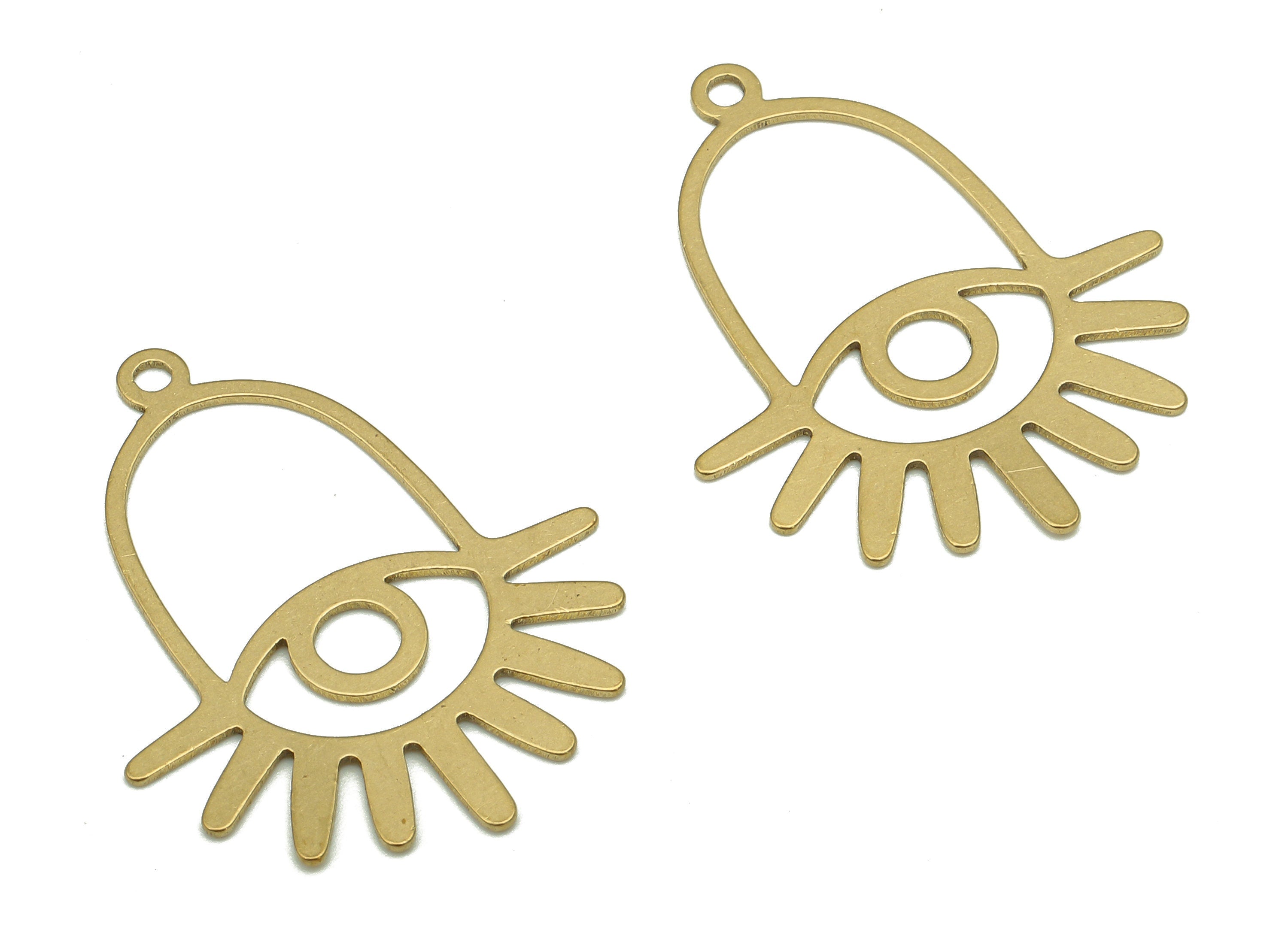 Brass Eye Bell Earring Charm - Raw Brass Eyelashes Earring - Sun Eye Pendant With Loop - Oval Charm For Necklace - 29.77x23.89x0.54mm-PP7966 - DOMEDBAZAAR