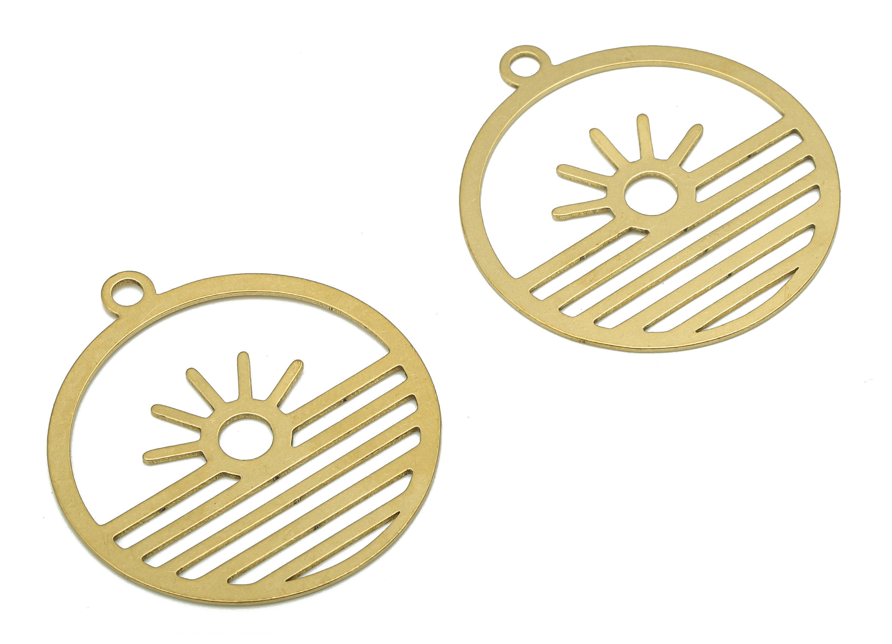 Brass Round Sun Earring Charm - Raw Brass Circle Sunrise Earring - Sunset Pendant With Loop - Landscape For Necklace - 33.5x30x0.6mm-PP7973 - DOMEDBAZAAR