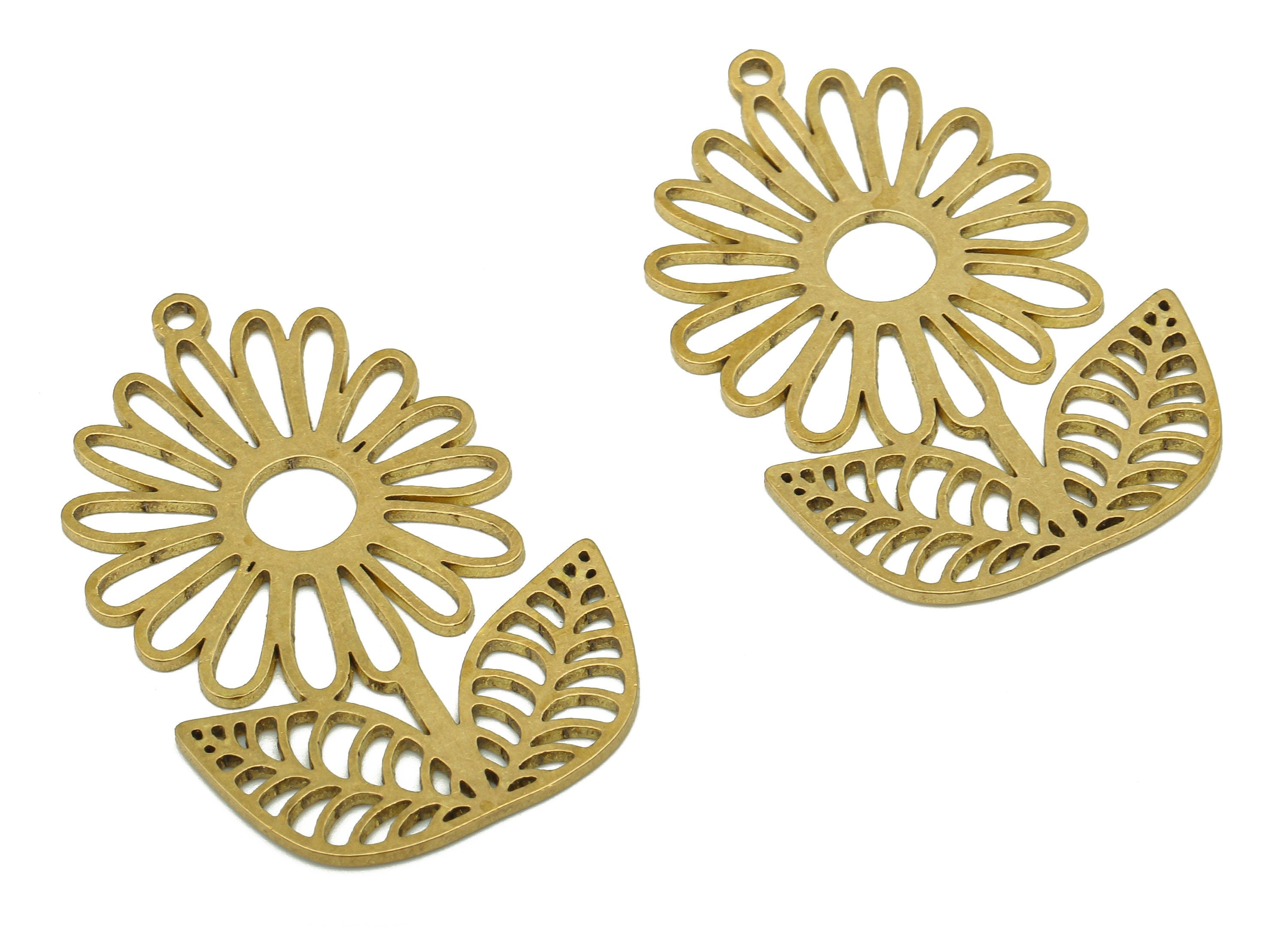 Brass Flower Charms - Raw Brass Cutout Earring - Botanical Pendant With Loop - Flower & Leaf Charm For Necklace - 35.4x22.8x0.8mm - PPA5787 - DOMEDBAZAAR
