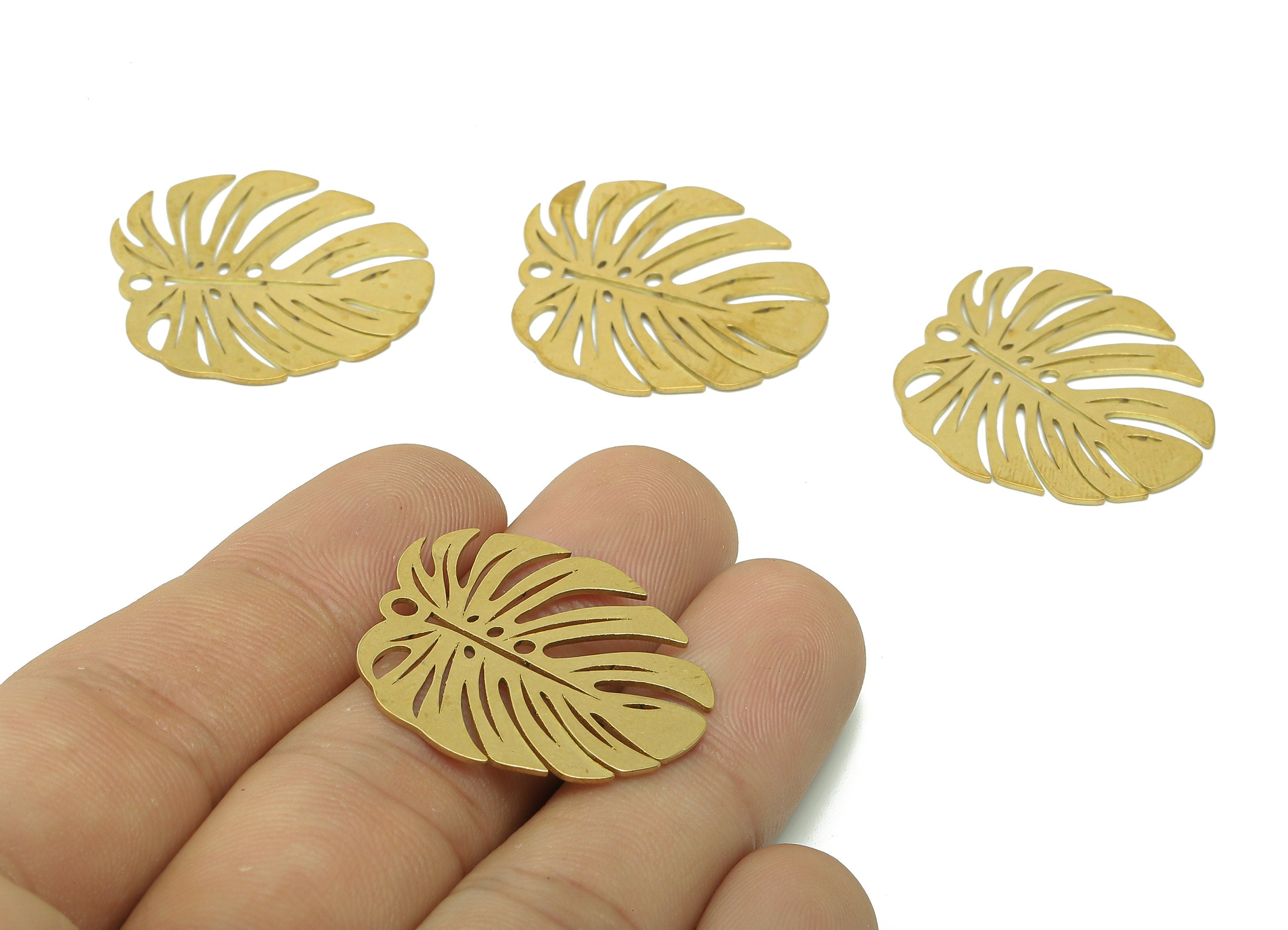Brass Monstera Earring Charms - Raw Brass Leaf Earrings - Leaves Pendant With Loop - Botanical Charm - 28.1x25.5x0.7mm - PPA5673 - DOMEDBAZAAR